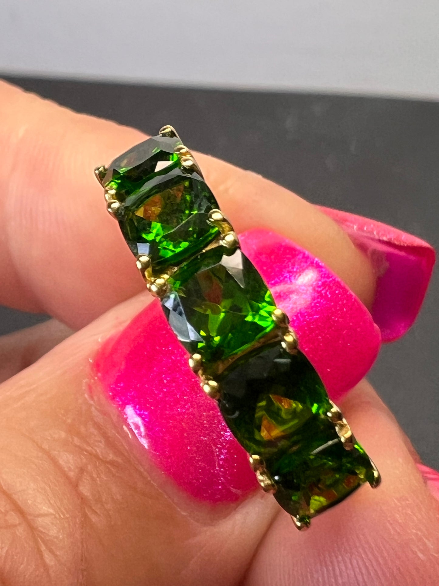 Natural Chrome Diopside 5 Stone Band Ring in Vermeil Yellow Gold Sterling Silver 3.00 ctw