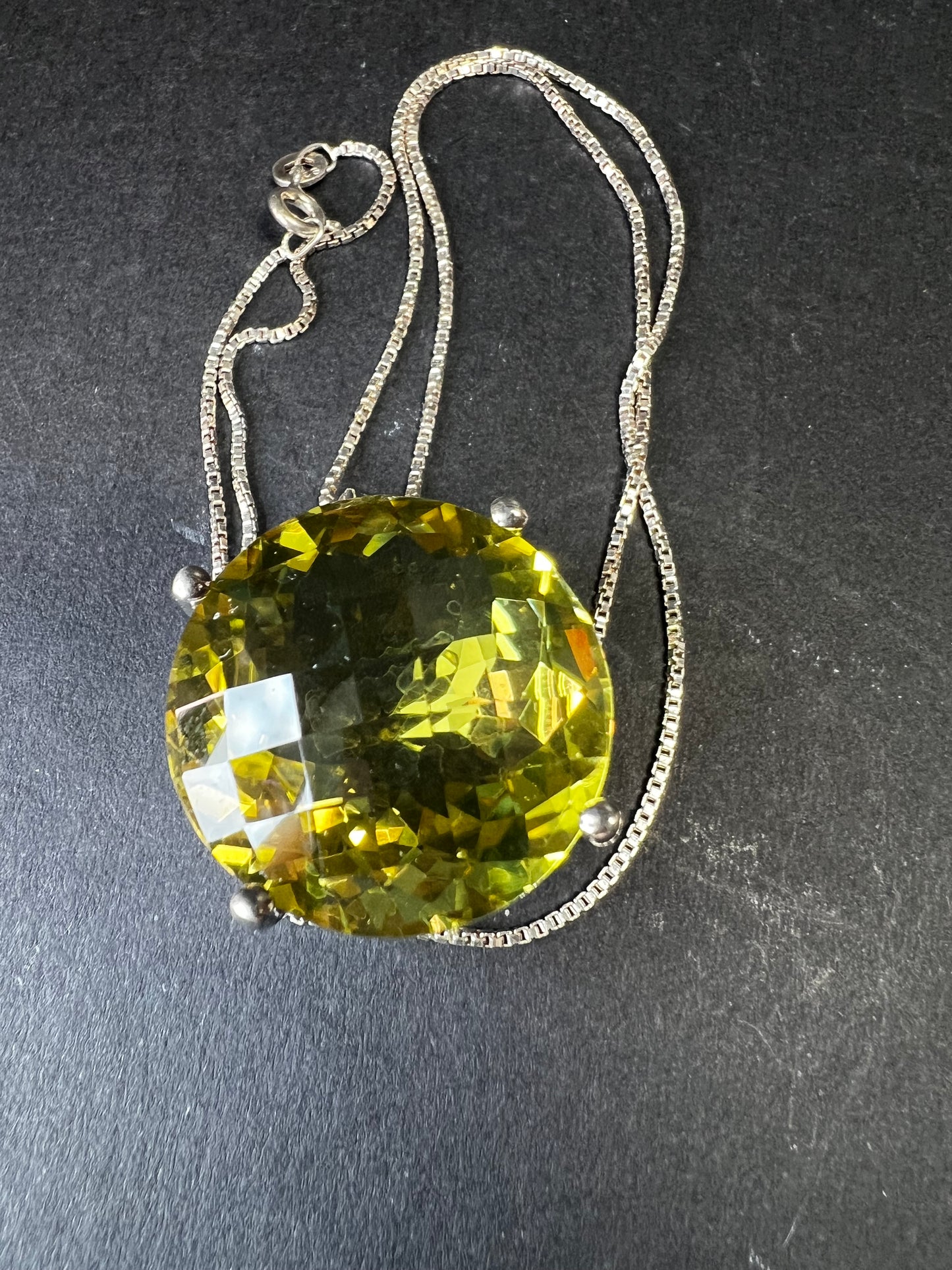 Huge Lemon Quartz Sterling Silver Statement Pendant Necklace 18” Chain