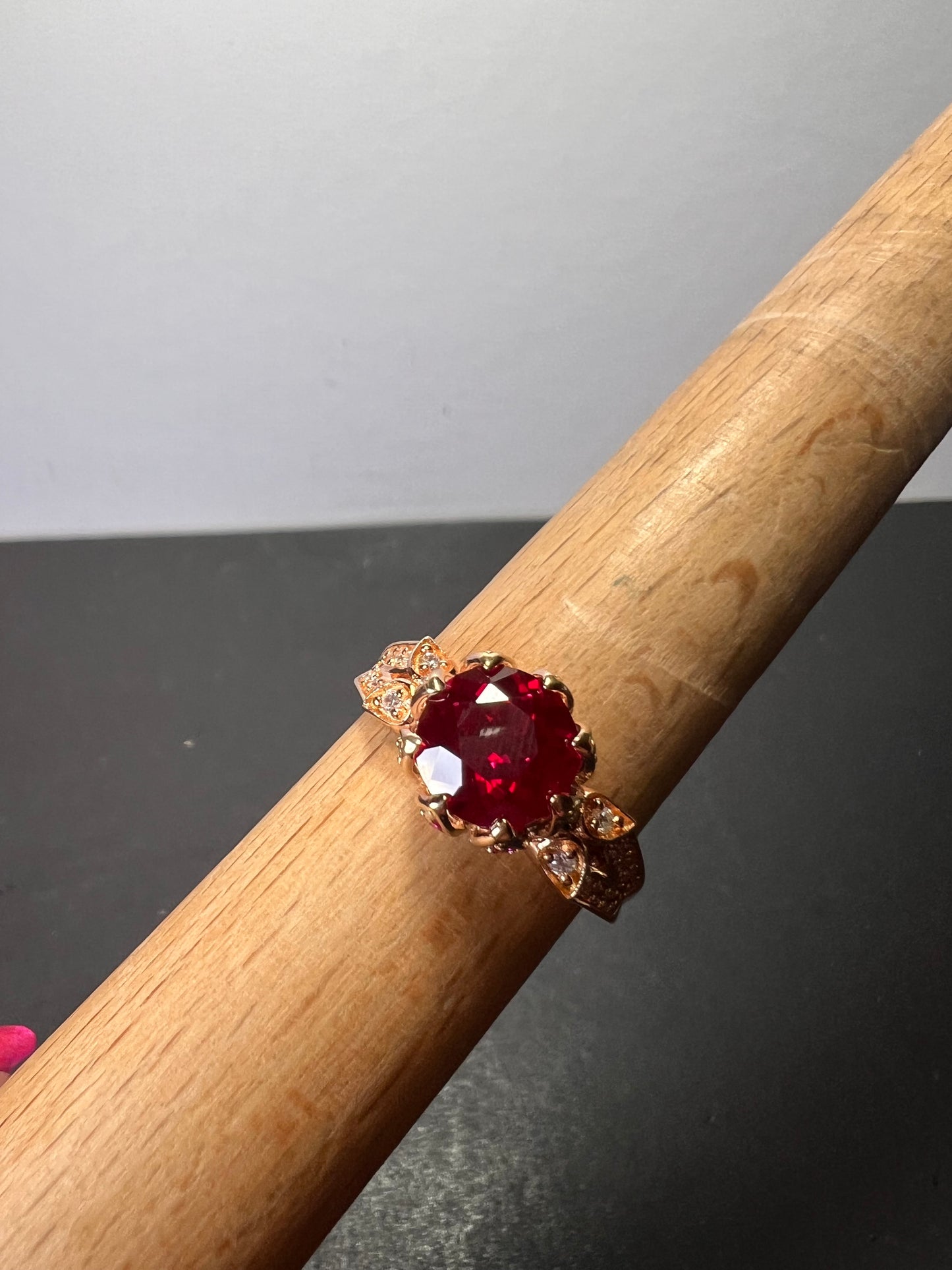 Lab Ruby and pink sapphire rose gold over sterling statement ring size 10