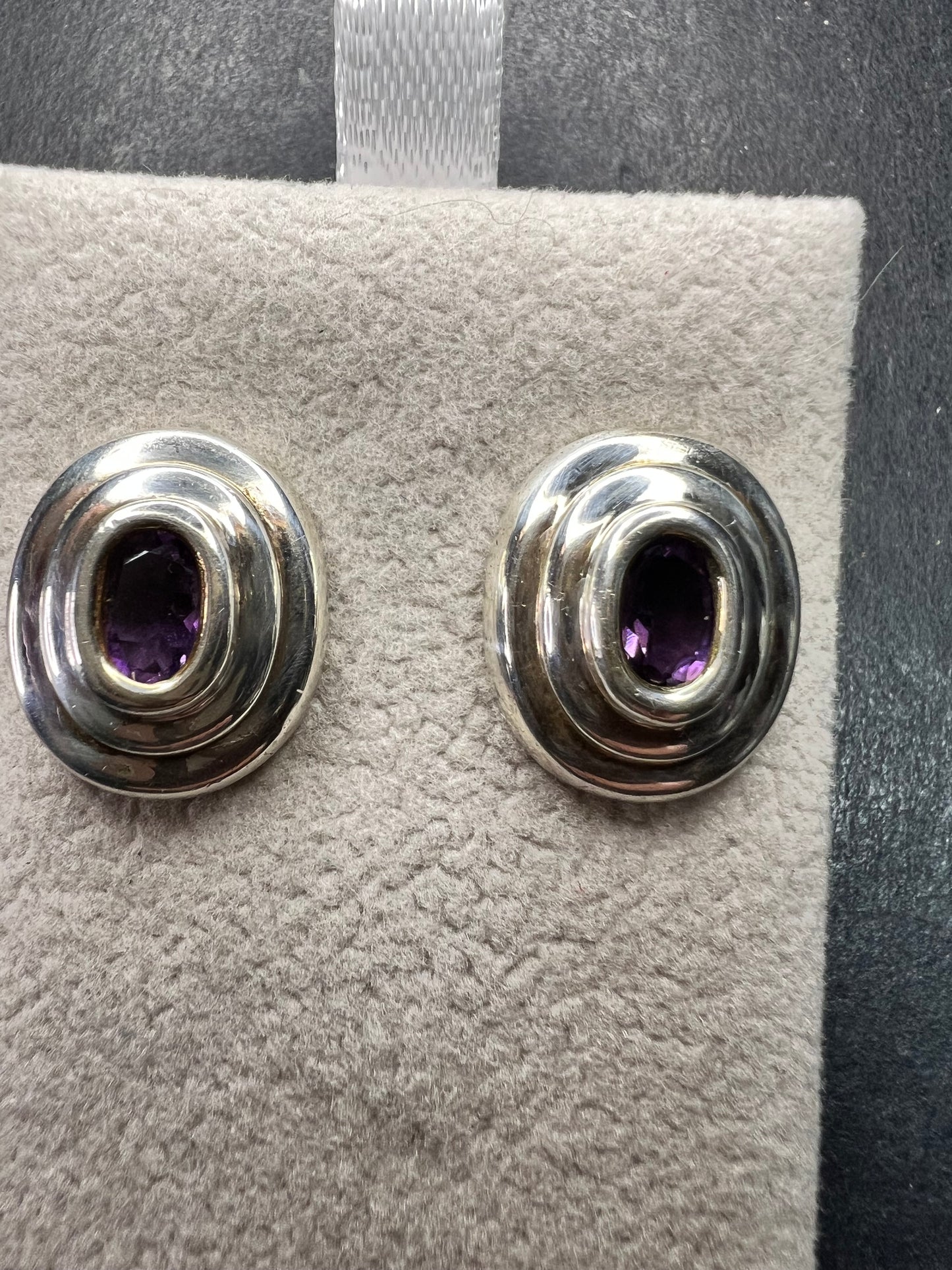 Vintage Sterling Silver Amethyst Modernist Stud Earrings