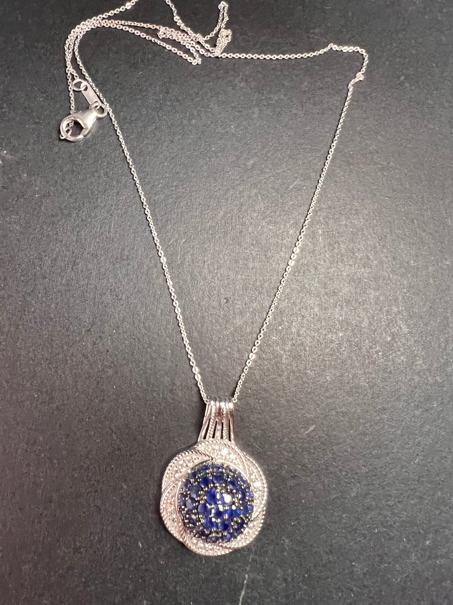 NEW blue sapphire and zircon galaxy halo pendant and chain in rhodium over sterling silver