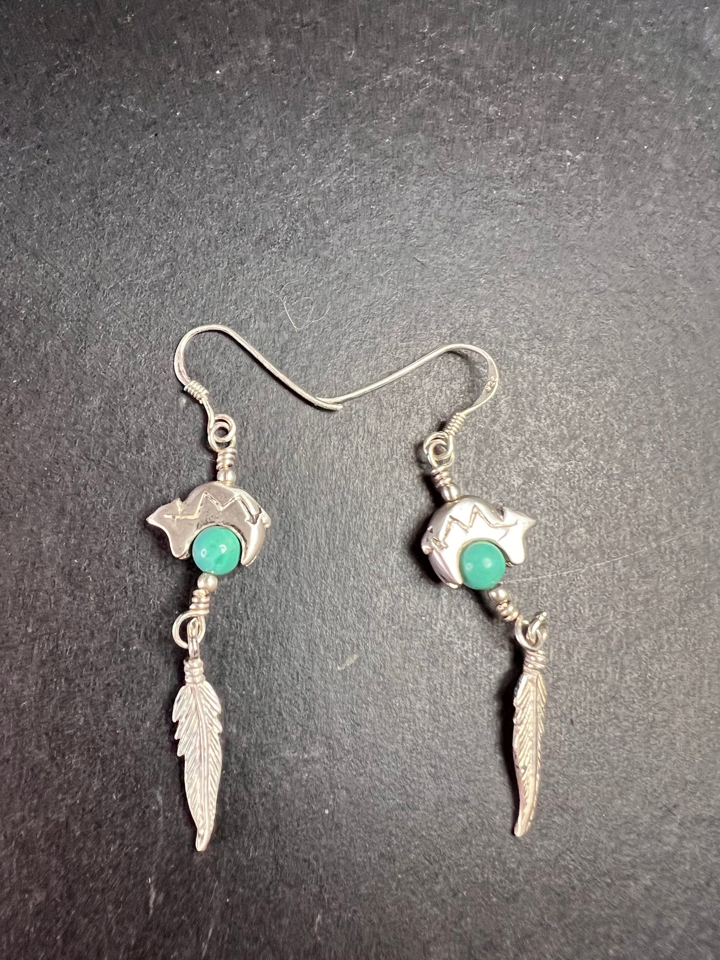 Vintage Sterling Silver Turquoise Earrings – Bear & Feather Motif
