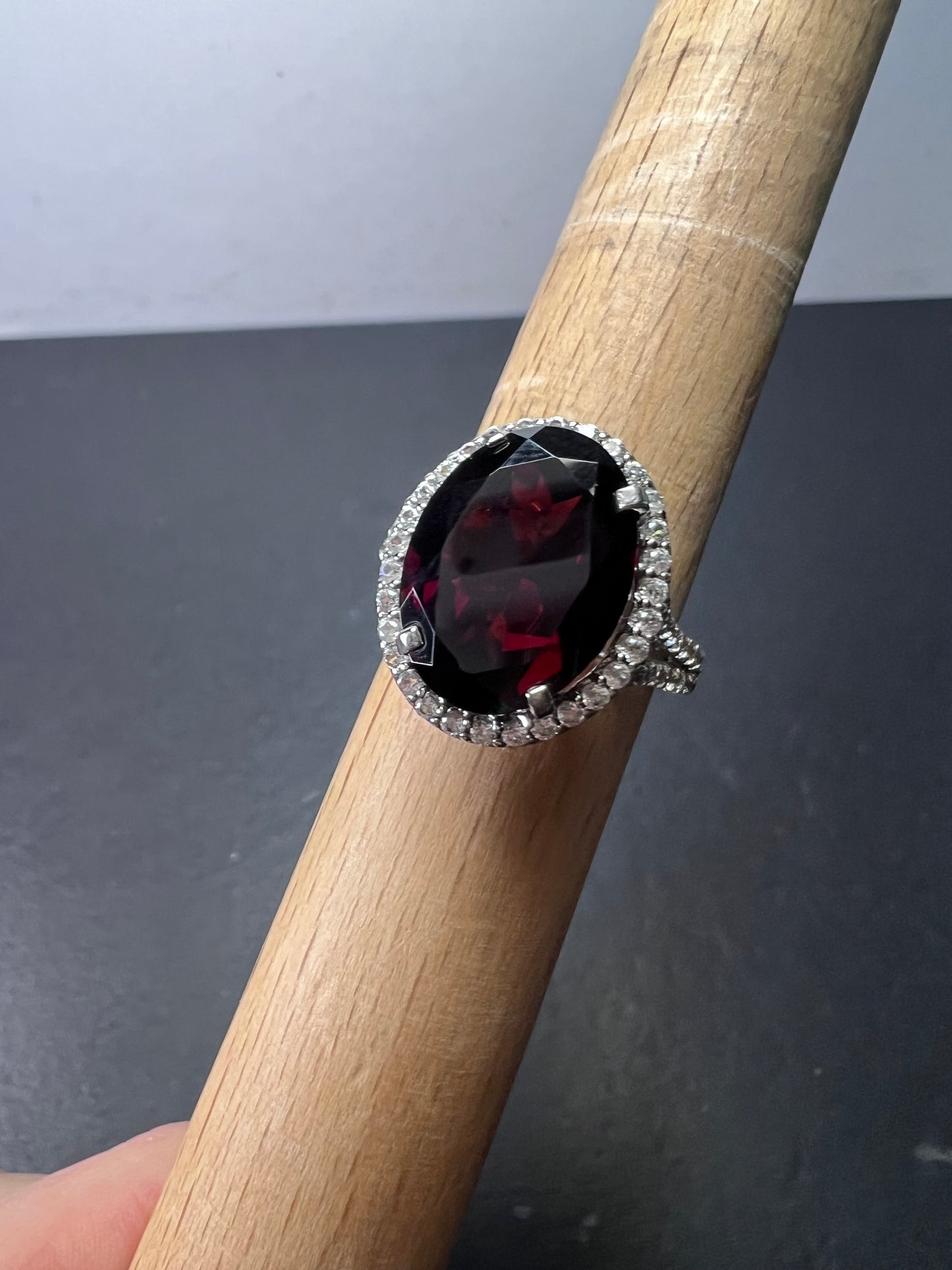 Garnet and zircon sterling silver halo ring size 9