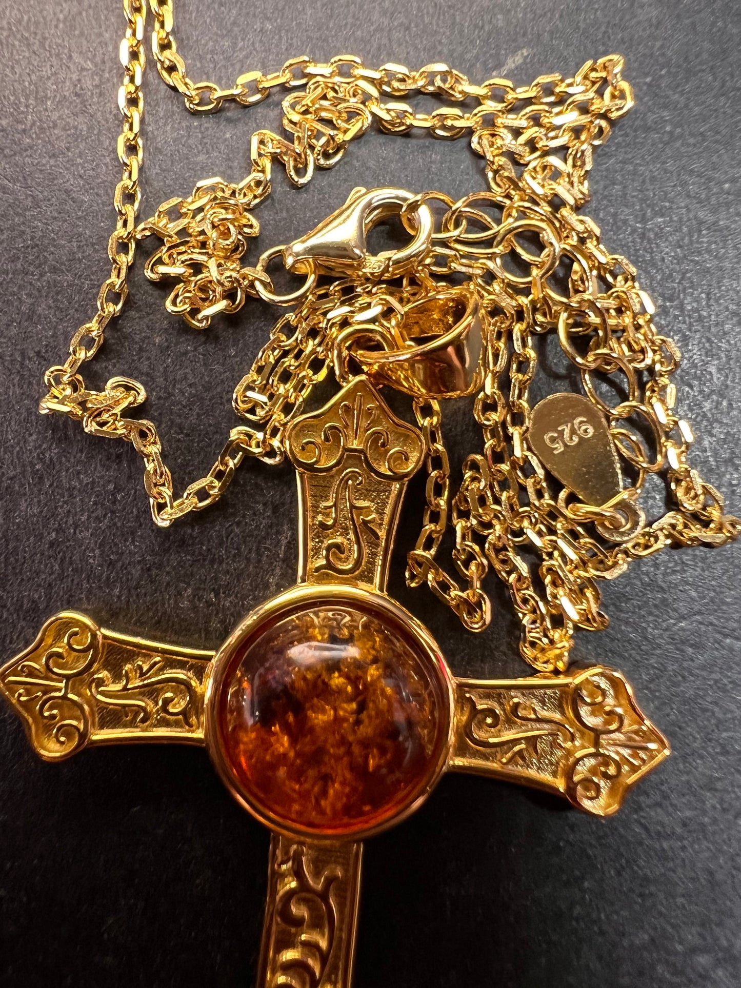 NEW Baltic Amber cross pendant in gold over sterling silver