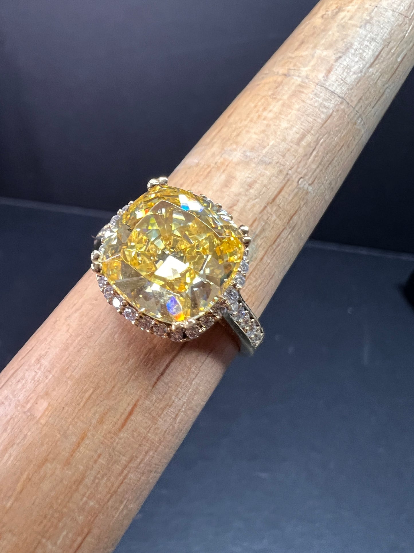 Yellow CZ halo ring in gold over sterling silver size 9