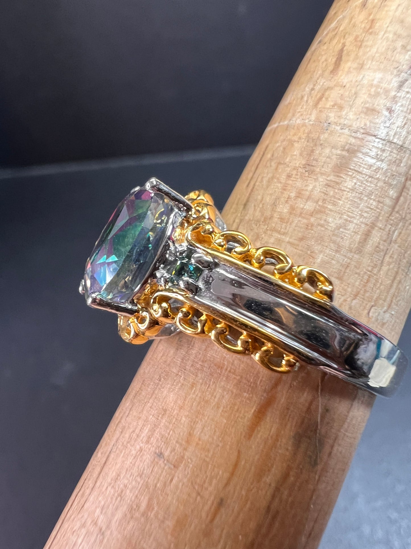 NEW green mystic topaz two toned sterling silver ring size 8