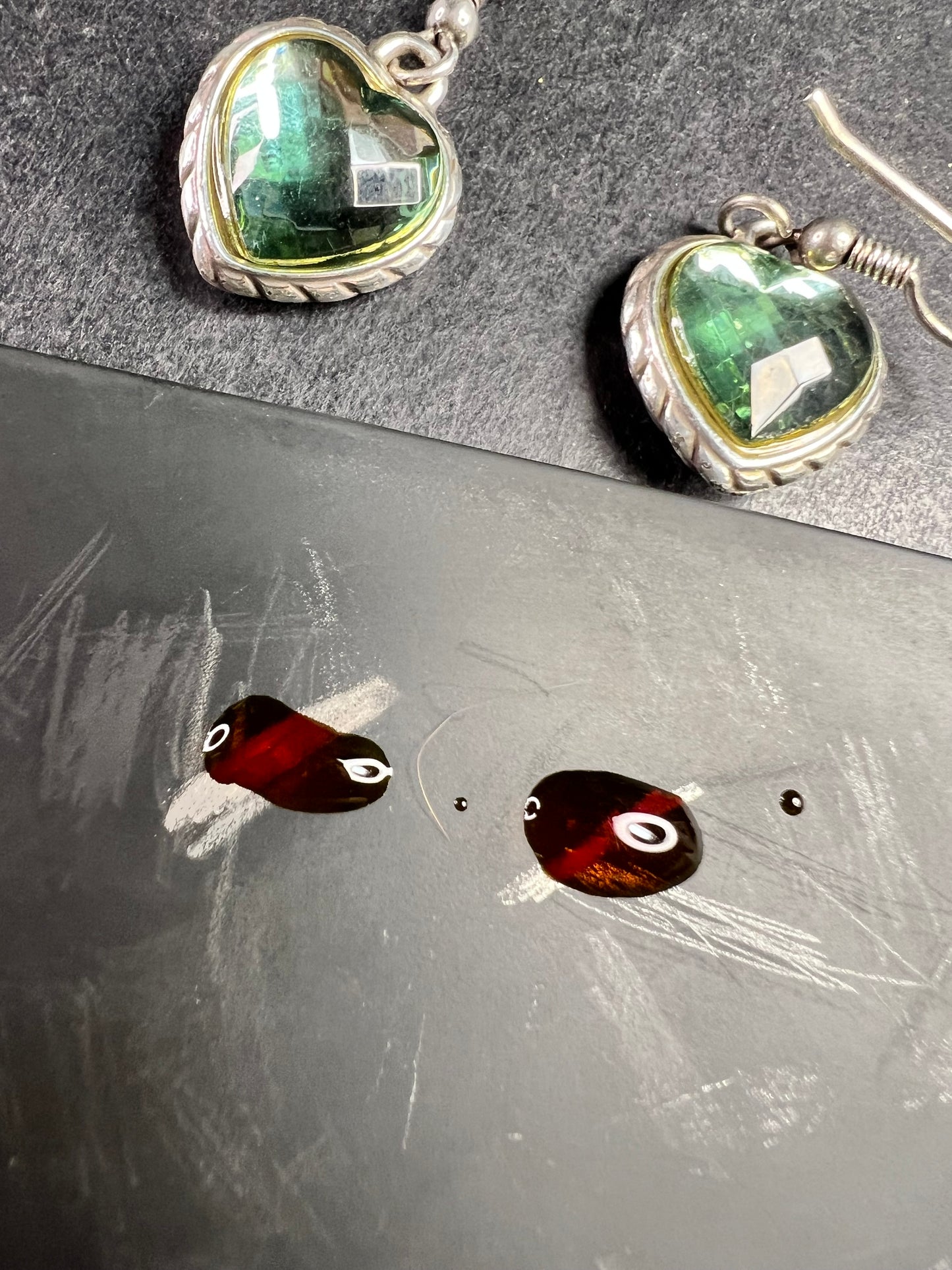 Vintage 90s Sterling Silver Green Glass Heart Earrings Gold Accent 925 Dangle