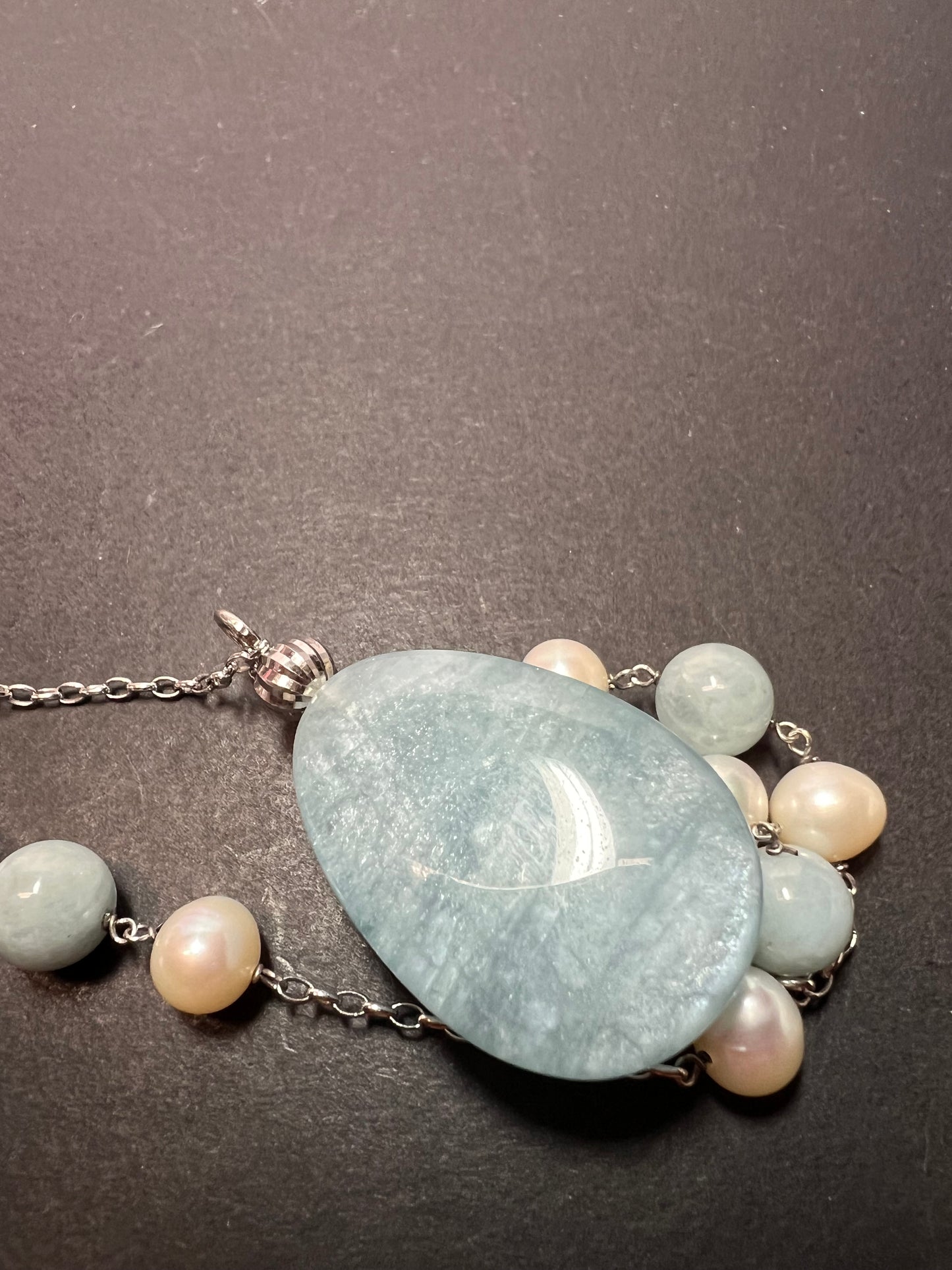 Aquamarine and pearl sterling silver station necklace