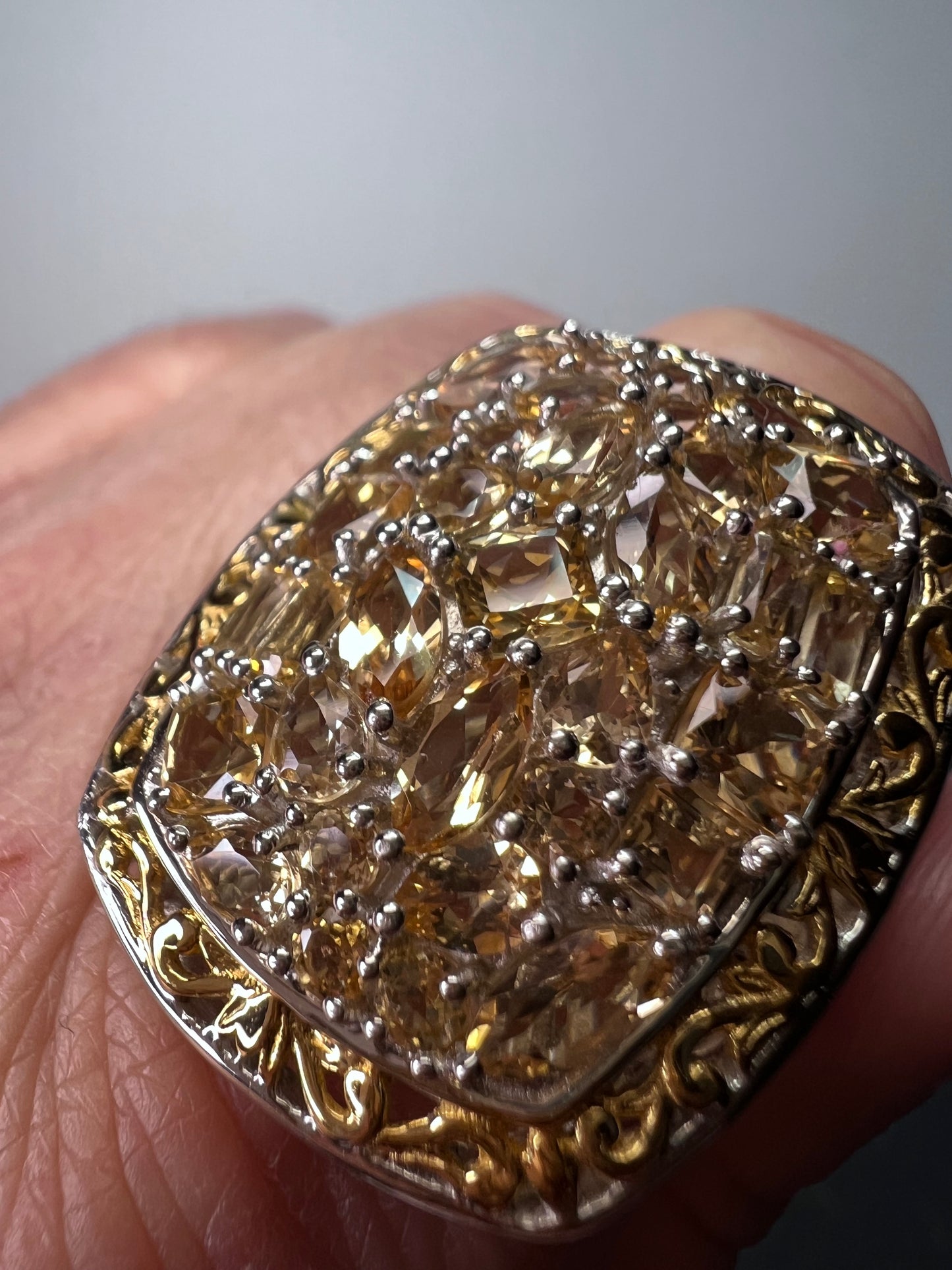 Big huge golden topaz two toned cocktail ring size 9