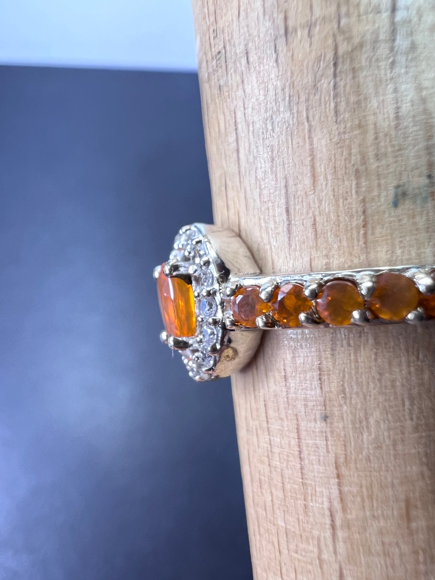 Mexican fire opal halo ring in sterling silver size 9