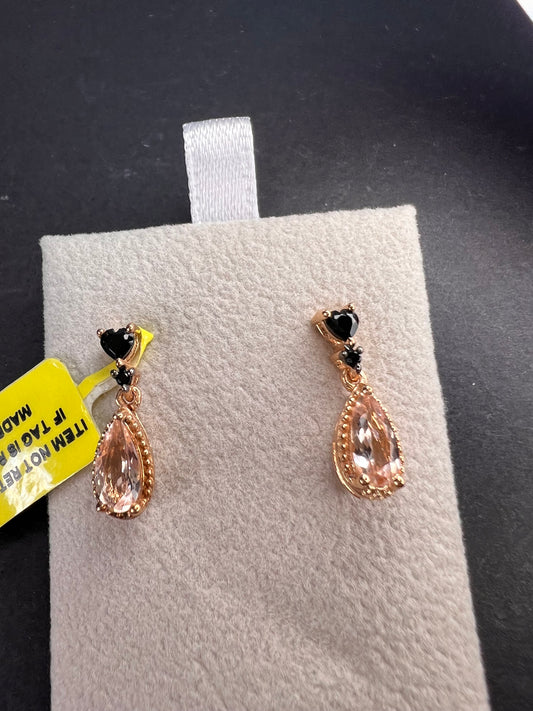 Peach morganite and black spinel heart rose gold over sterling silver earrings