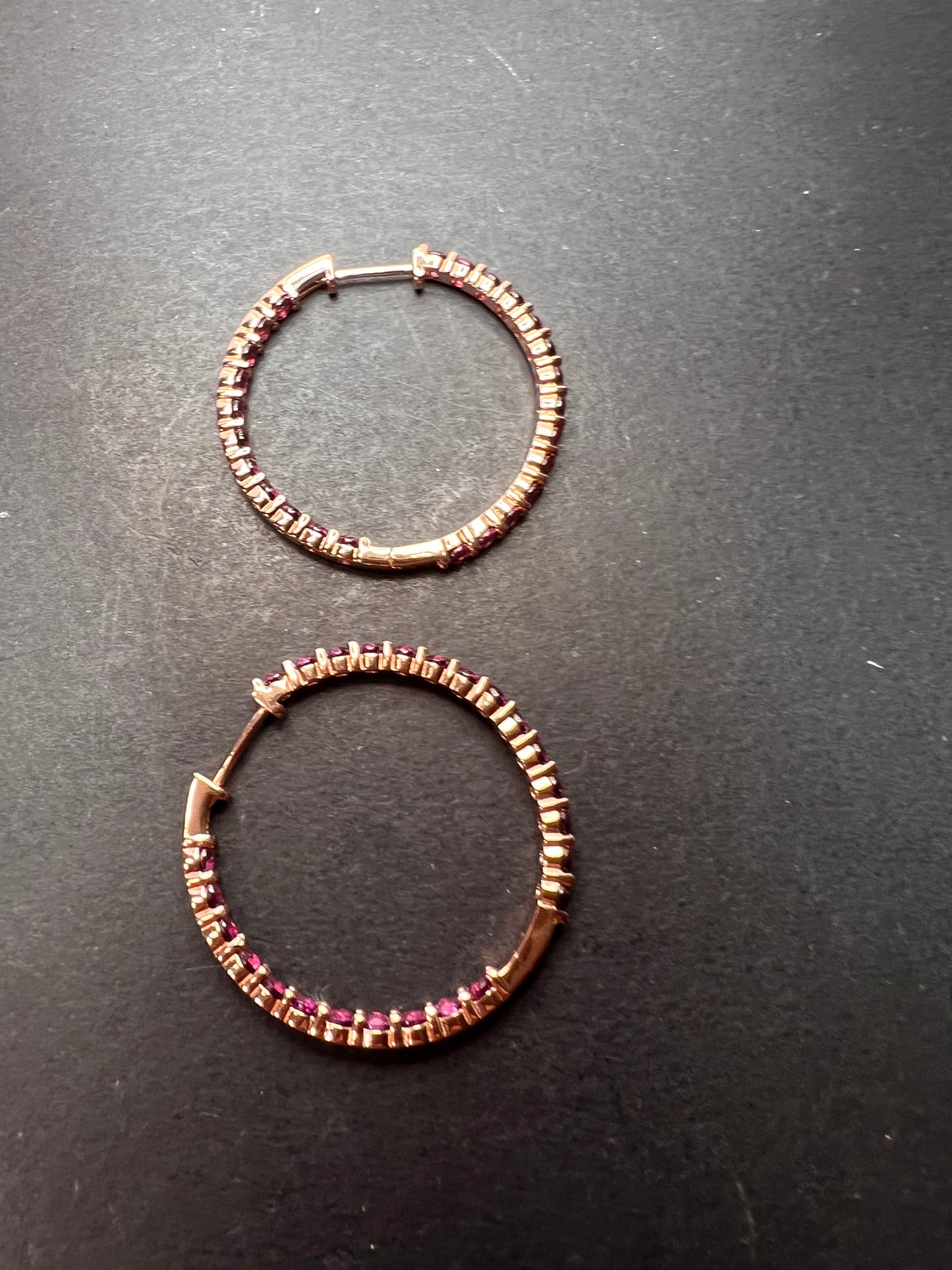 Raspberry rhodolite garnet inside out hoop rose gold over sterling silver earrings