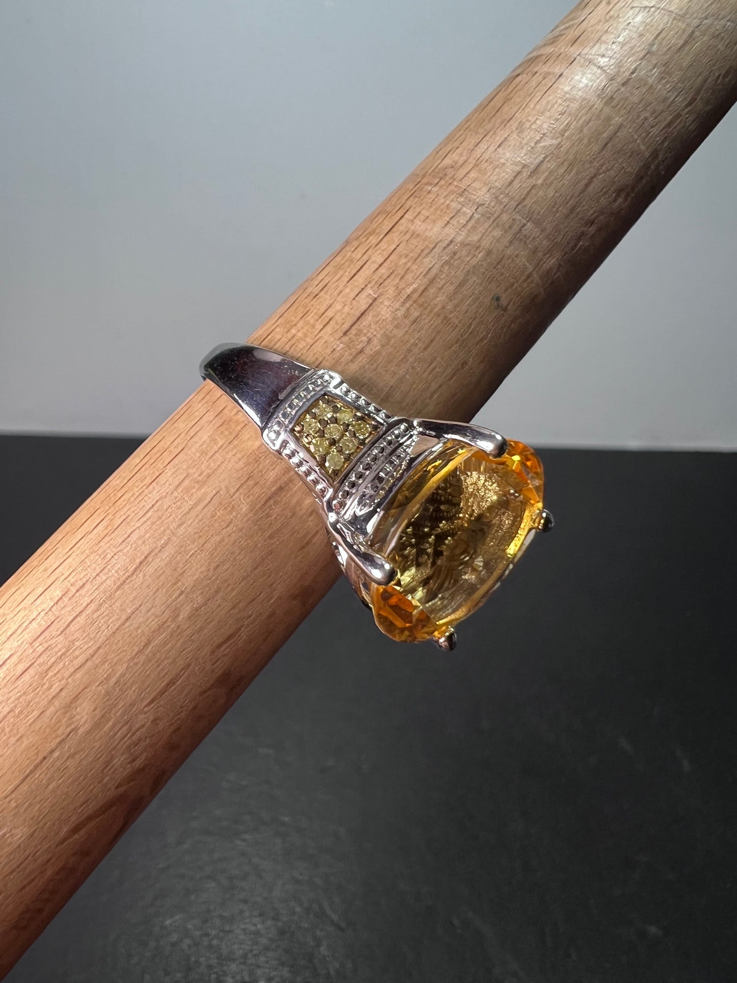 Citrine and yellow diamond ring in sterling silver size 10. 7.55 ctw