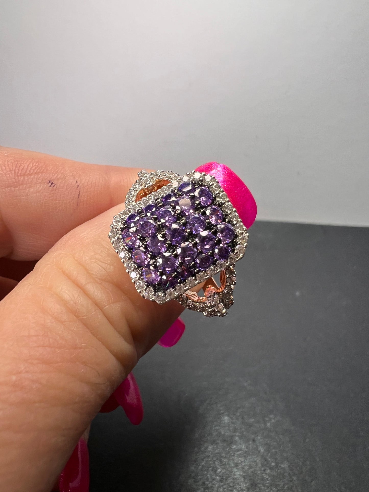 Bella Luce purple and white CZ rose gold over sterling silver cocktail ring size 9