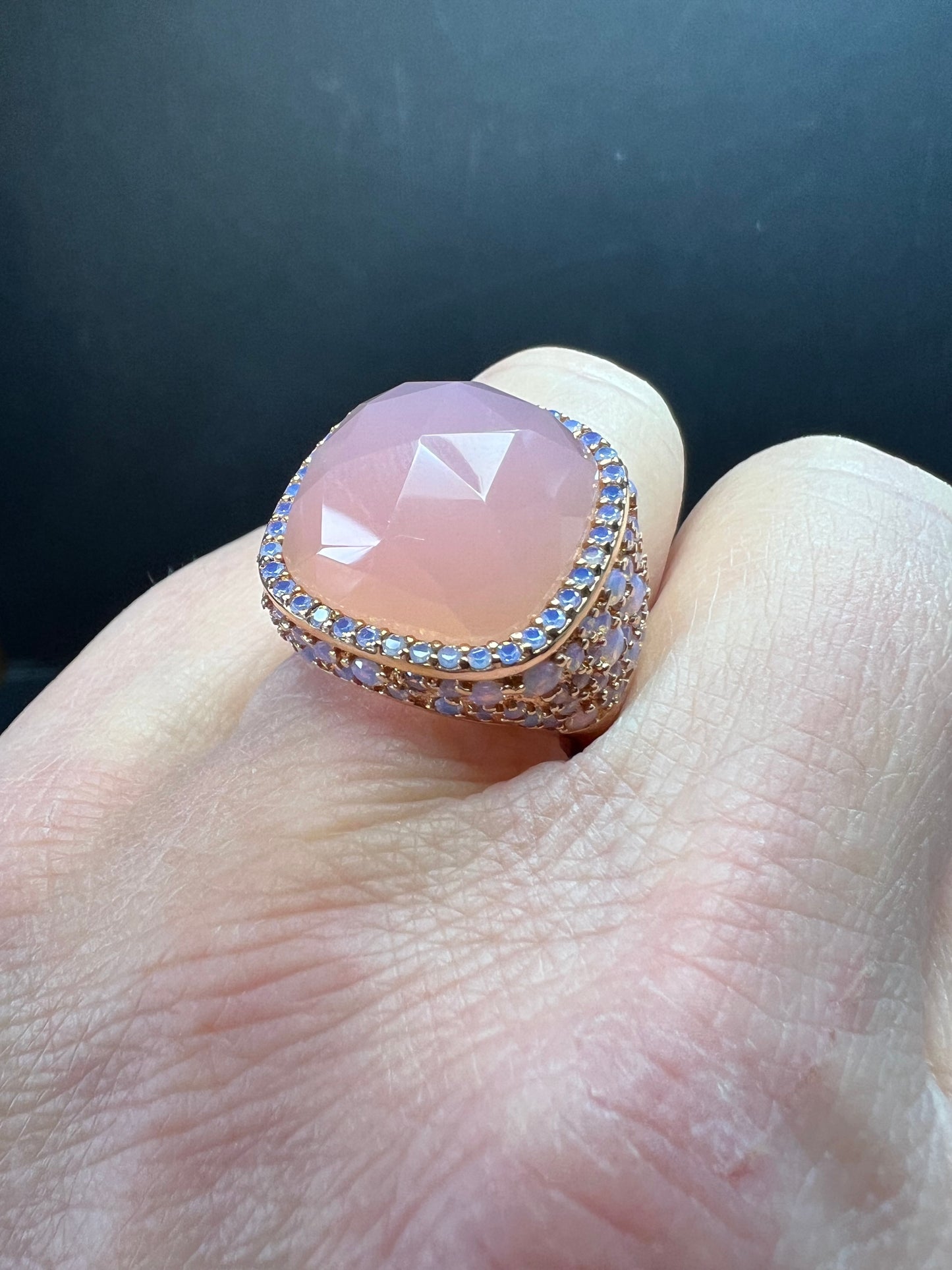 Pink Chalcedony Statement Ring 18K Rose Gold Plated Size 7.5 NWT