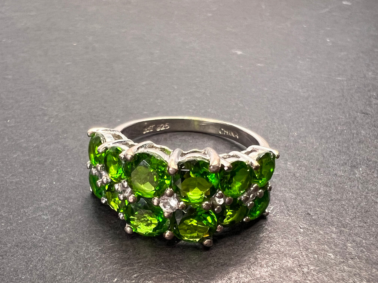 Chrome diopside and white topaz ring in rhodium over sterling silver size 8