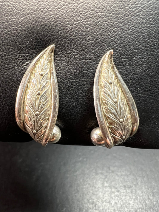 Vintage Forstner Sterling Silver Leaf Screwback Earrings Mid Century