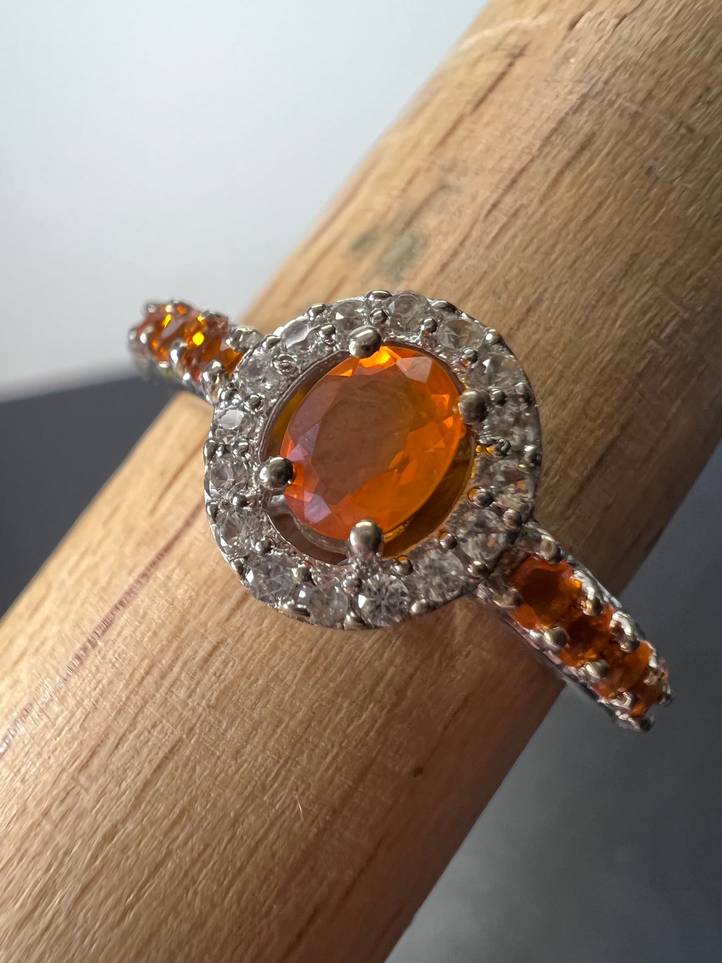 Mexican fire opal halo ring in sterling silver size 9