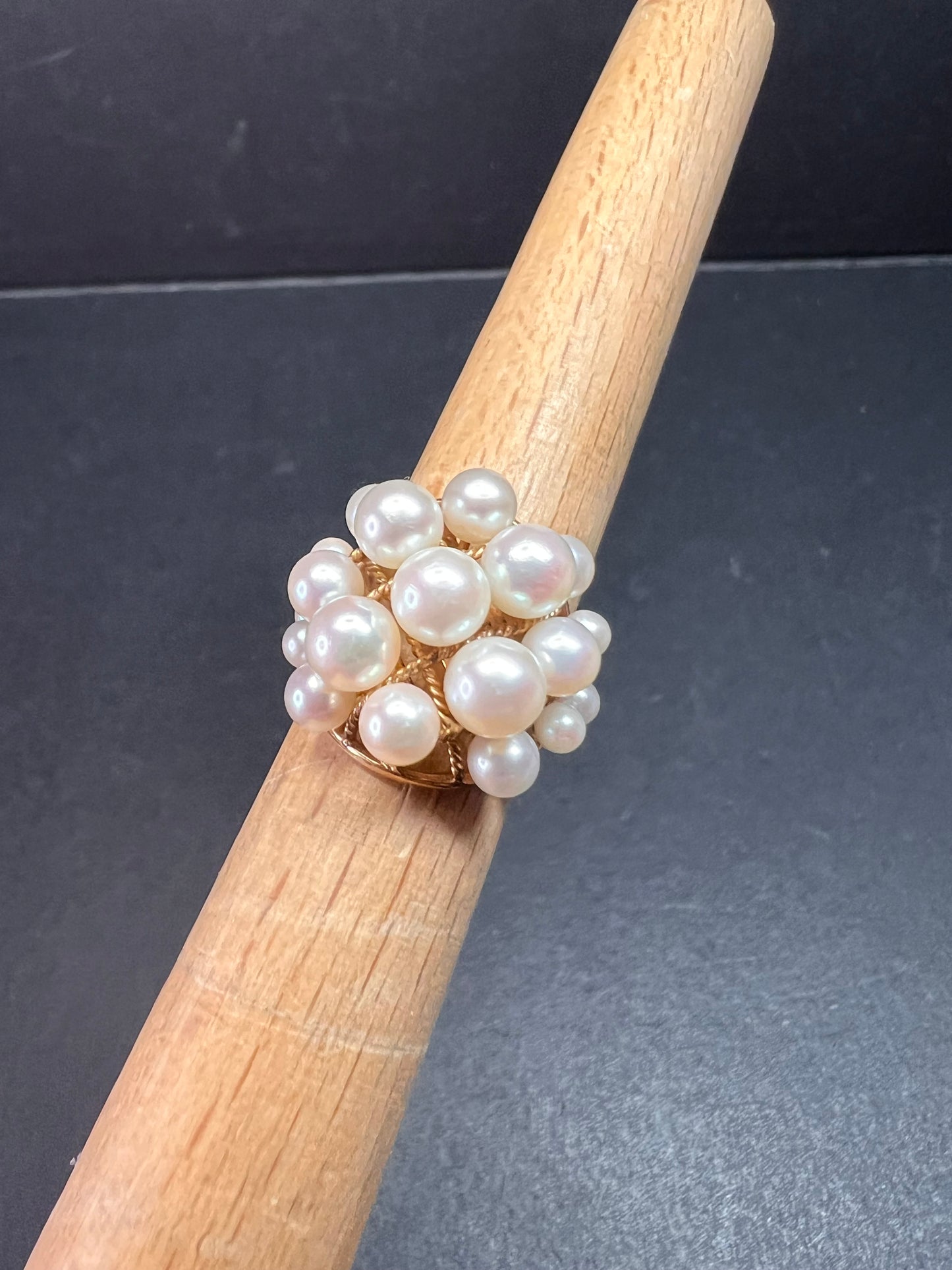 Vintage 14K Gold Cluster Pearl Cocktail Ring – Mid Century Dome Design- size 6