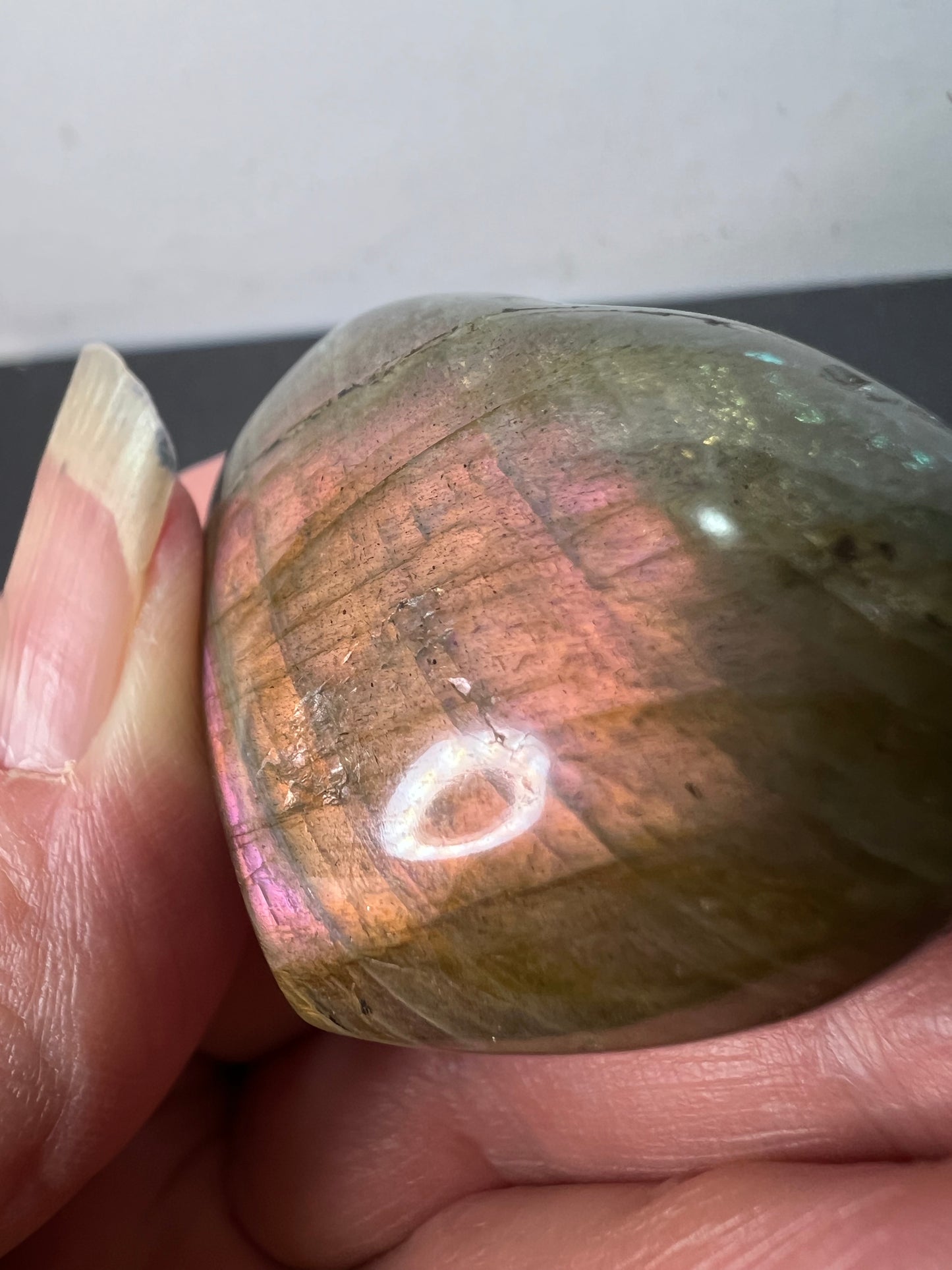 Labradorite heart with pink and purple flash