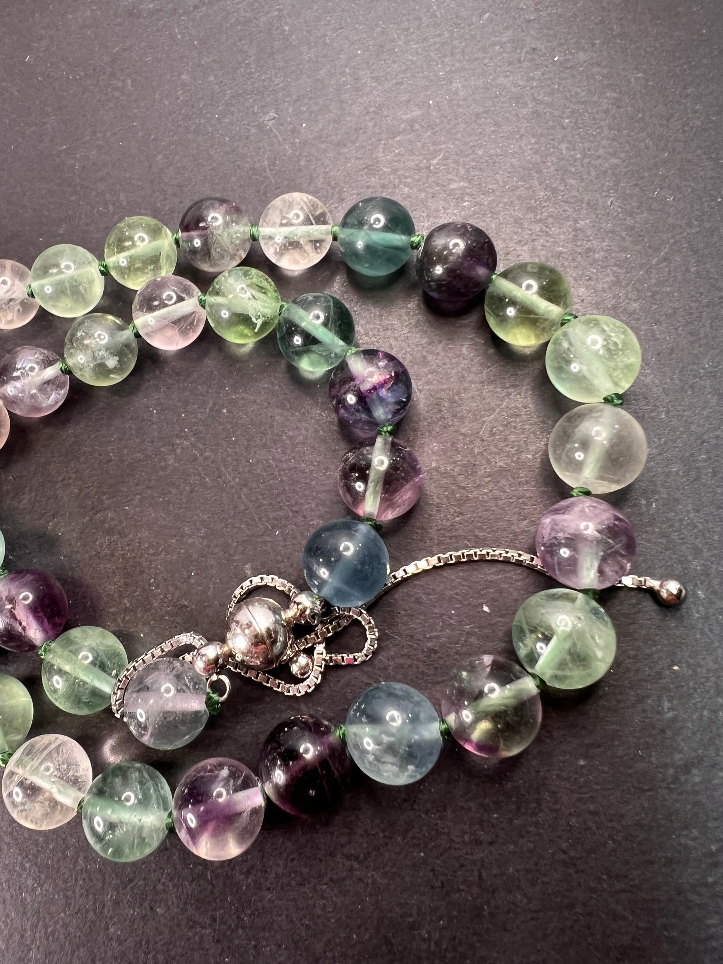 Fluorite knotted beaded bolo necklace with sterling silver magnetic clasp