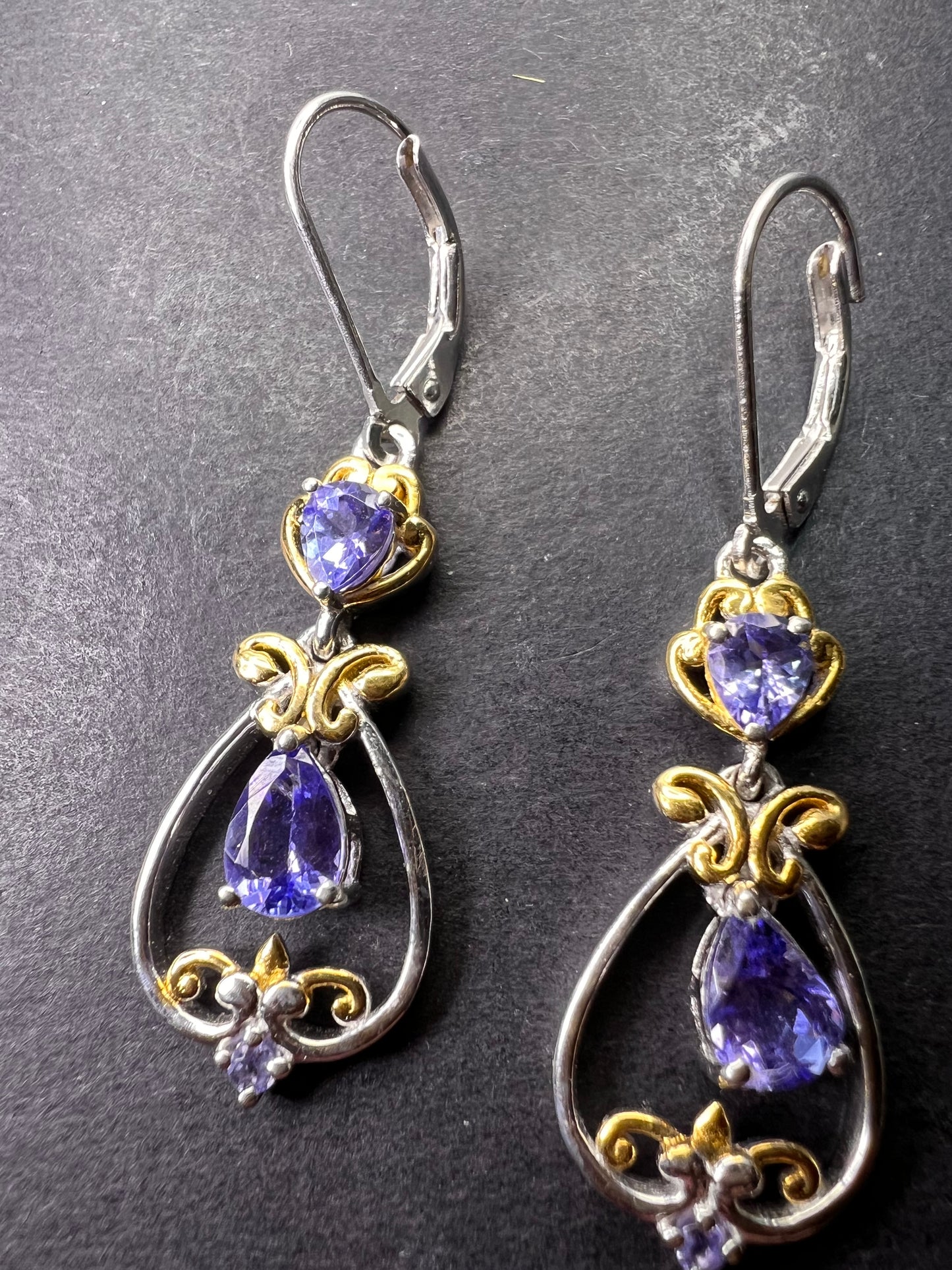 Blue tanzanite two toned sterling silver chandelier lever back earrings