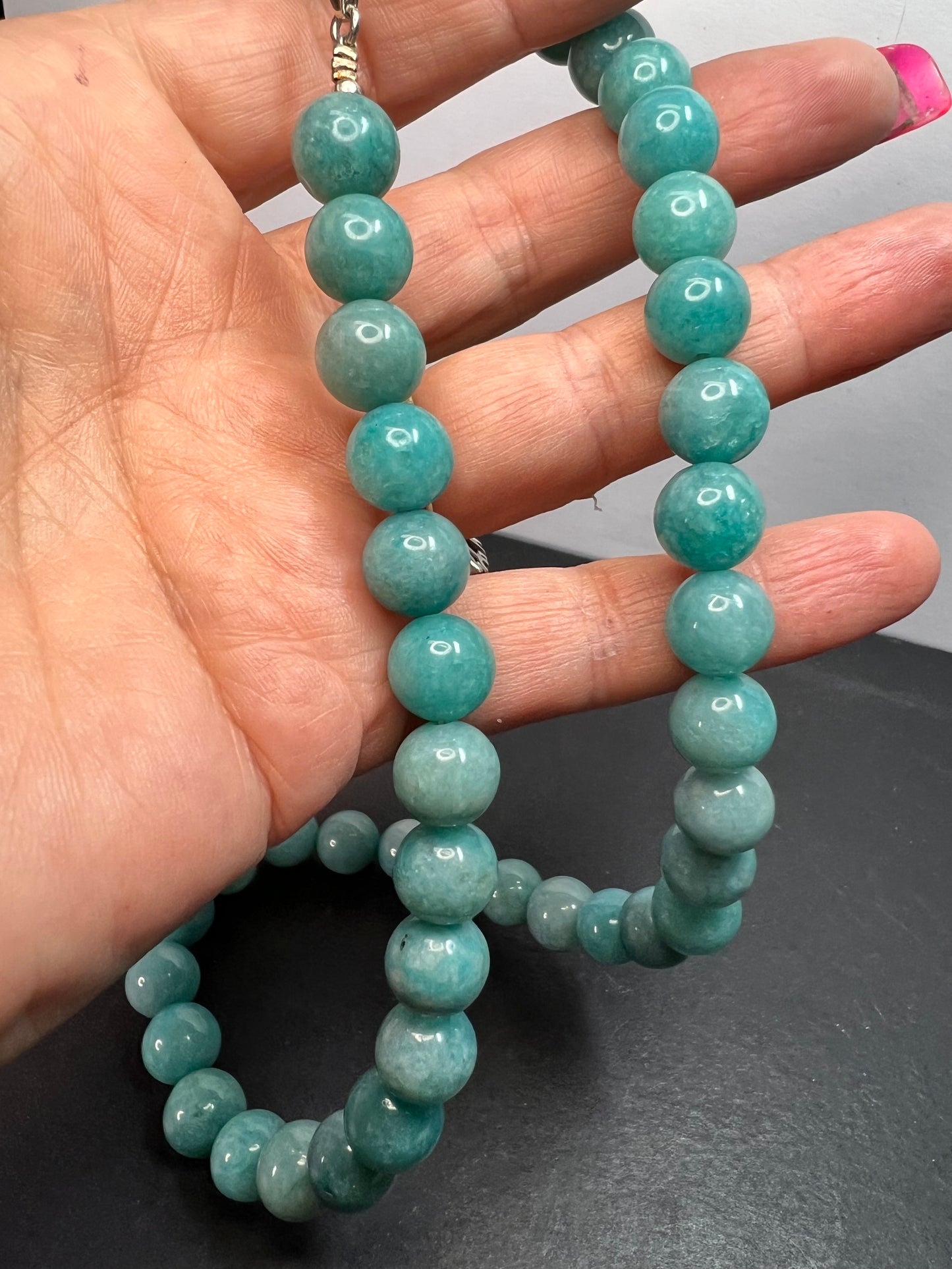 Dyed jadeite beaded 18 inch necklace with sterling silver clasp