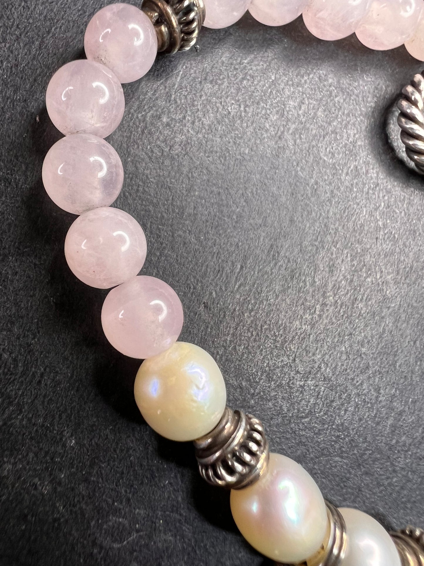 Vintage rose quartz, freshwater pearls, and sterling silver breast cancer awareness bracelet