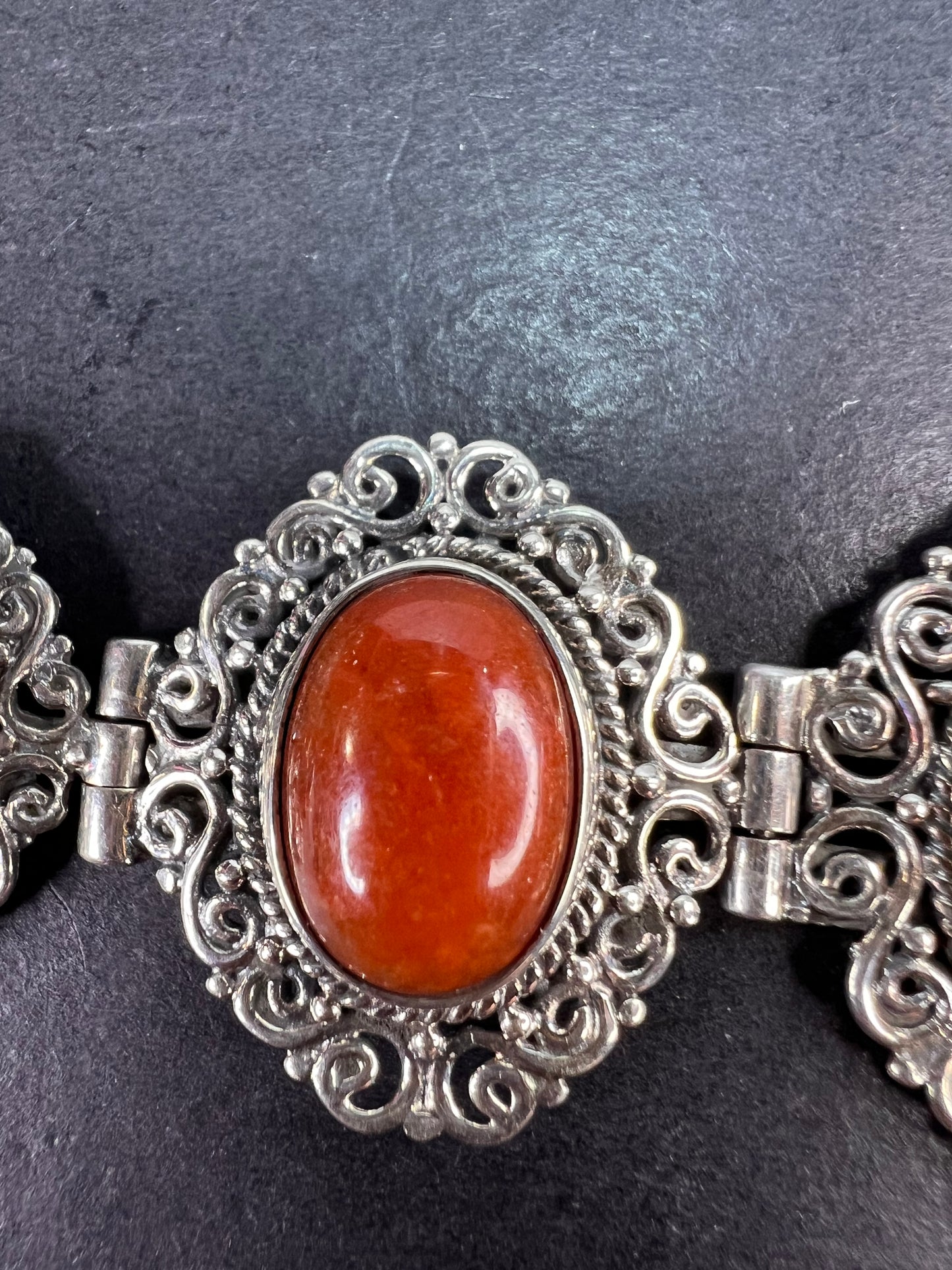 Red orange jade ornate sterling silver toggle bracelet