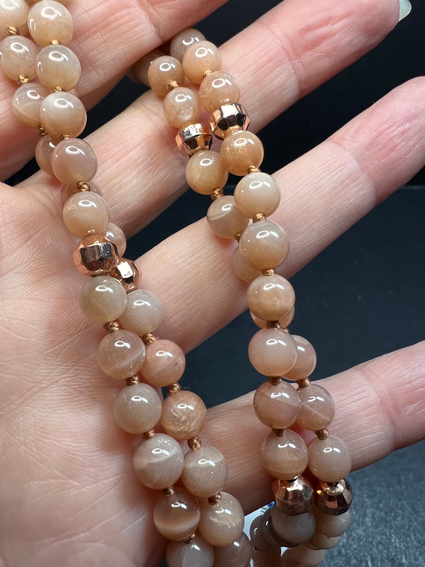 NEW Peach moonstone 30 inch knotted necklace with rose gold over bronze