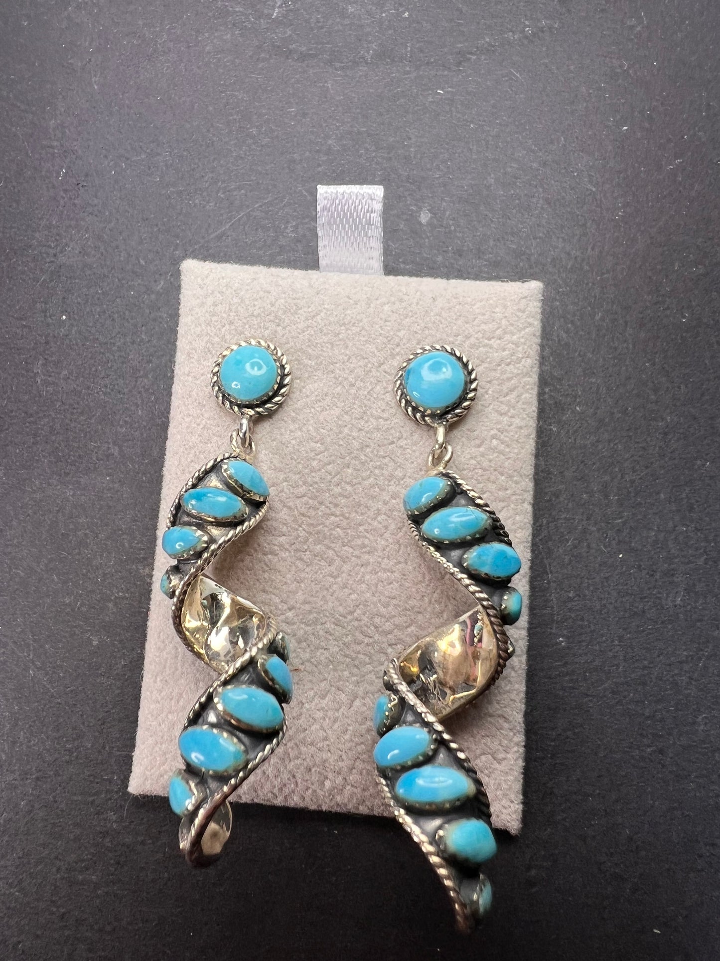 Santa Fe style Kingman turquoise swirl twisted drop sterling silver earrings