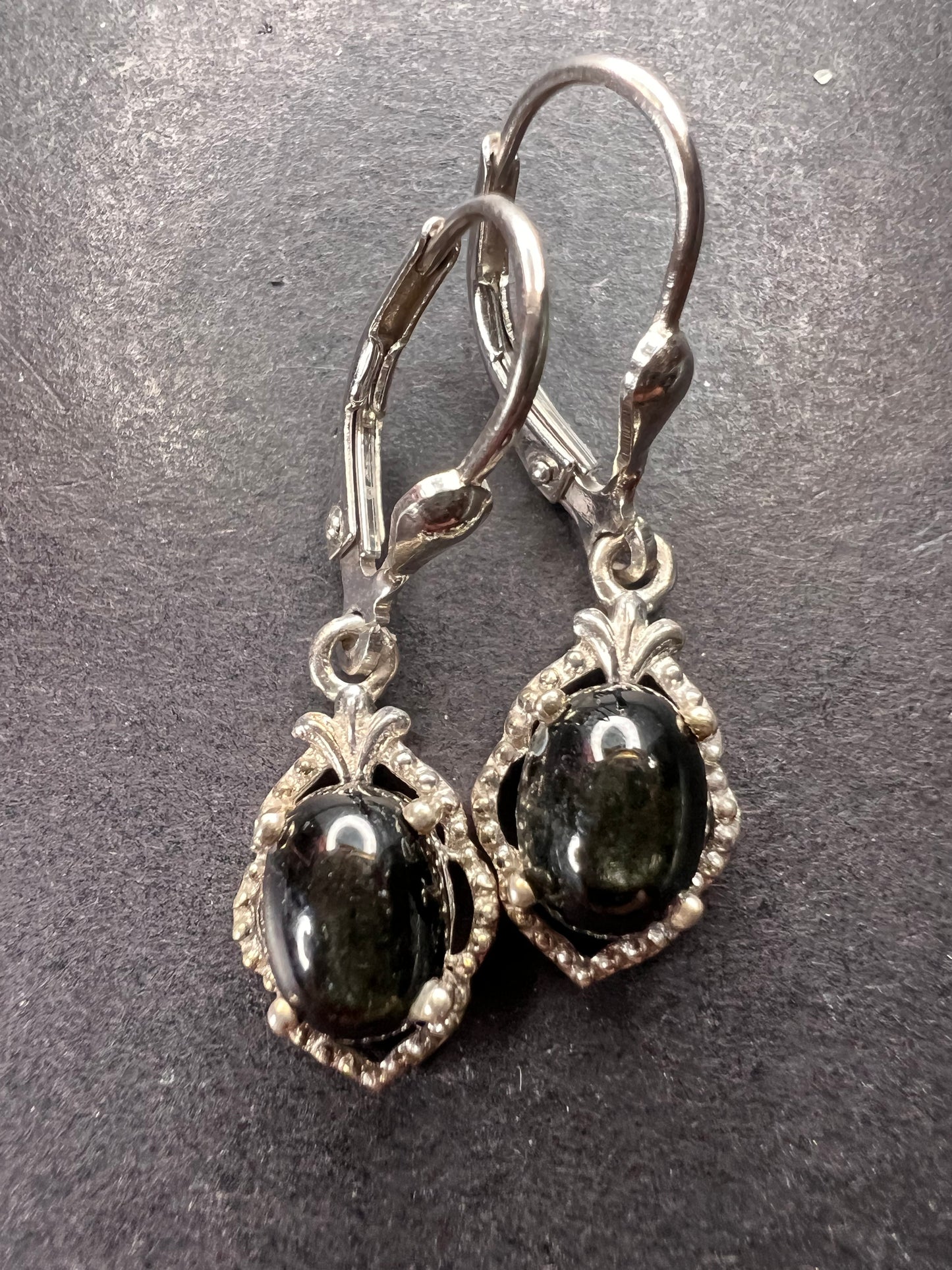 Black star sapphire sterling silver leverback earrings