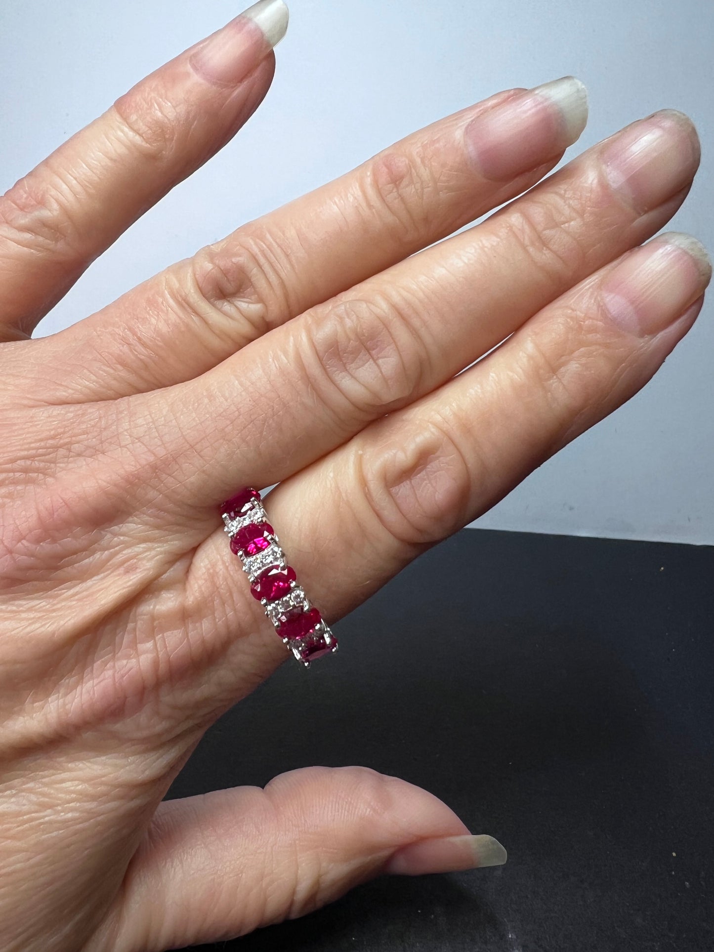 Lab ruby & White Cubic Zirconia Rhodium Over Silver Ring size 10