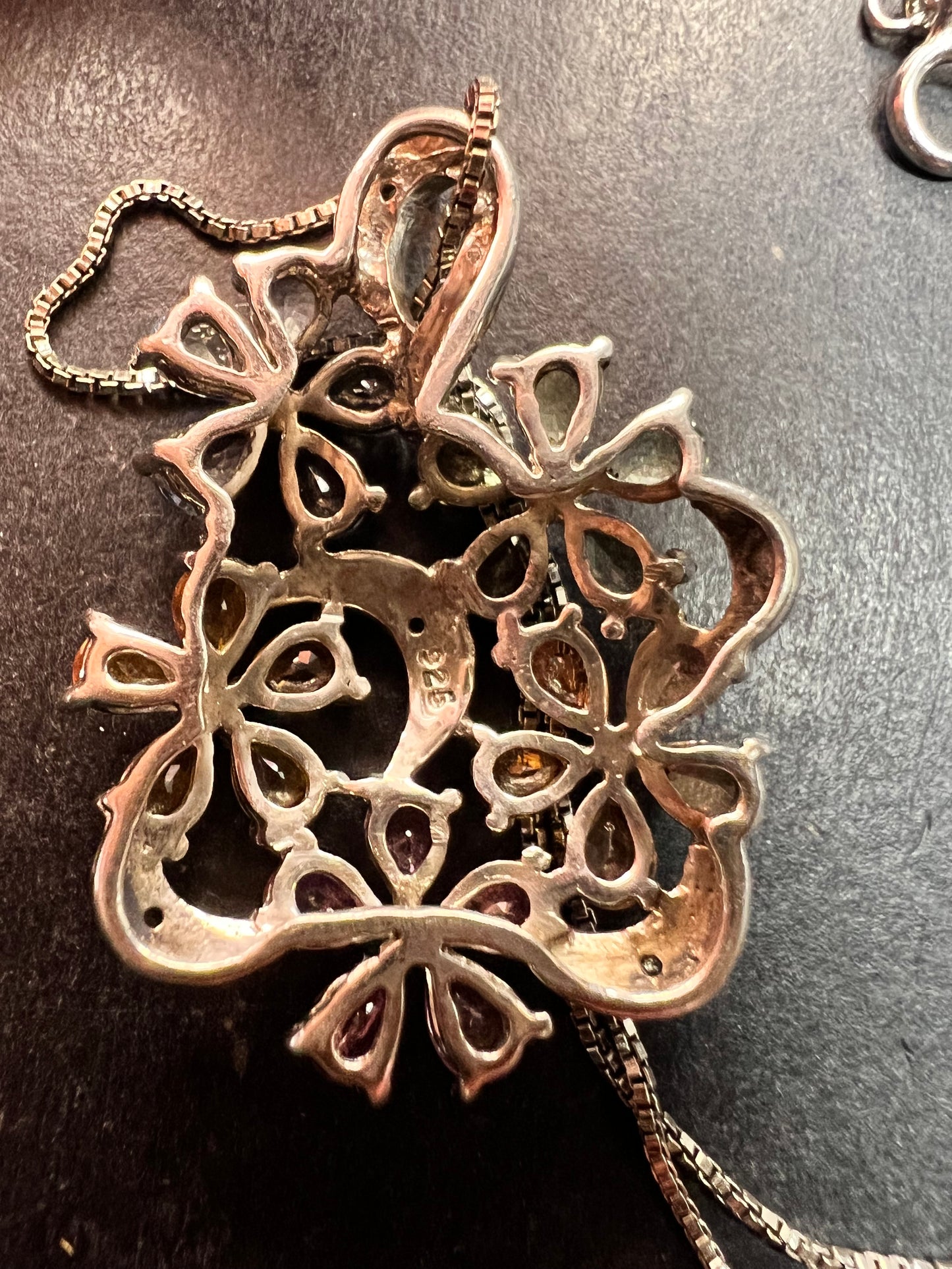 Vintage Sterling Silver Multi Sapphire & Diamond Flower Pendant