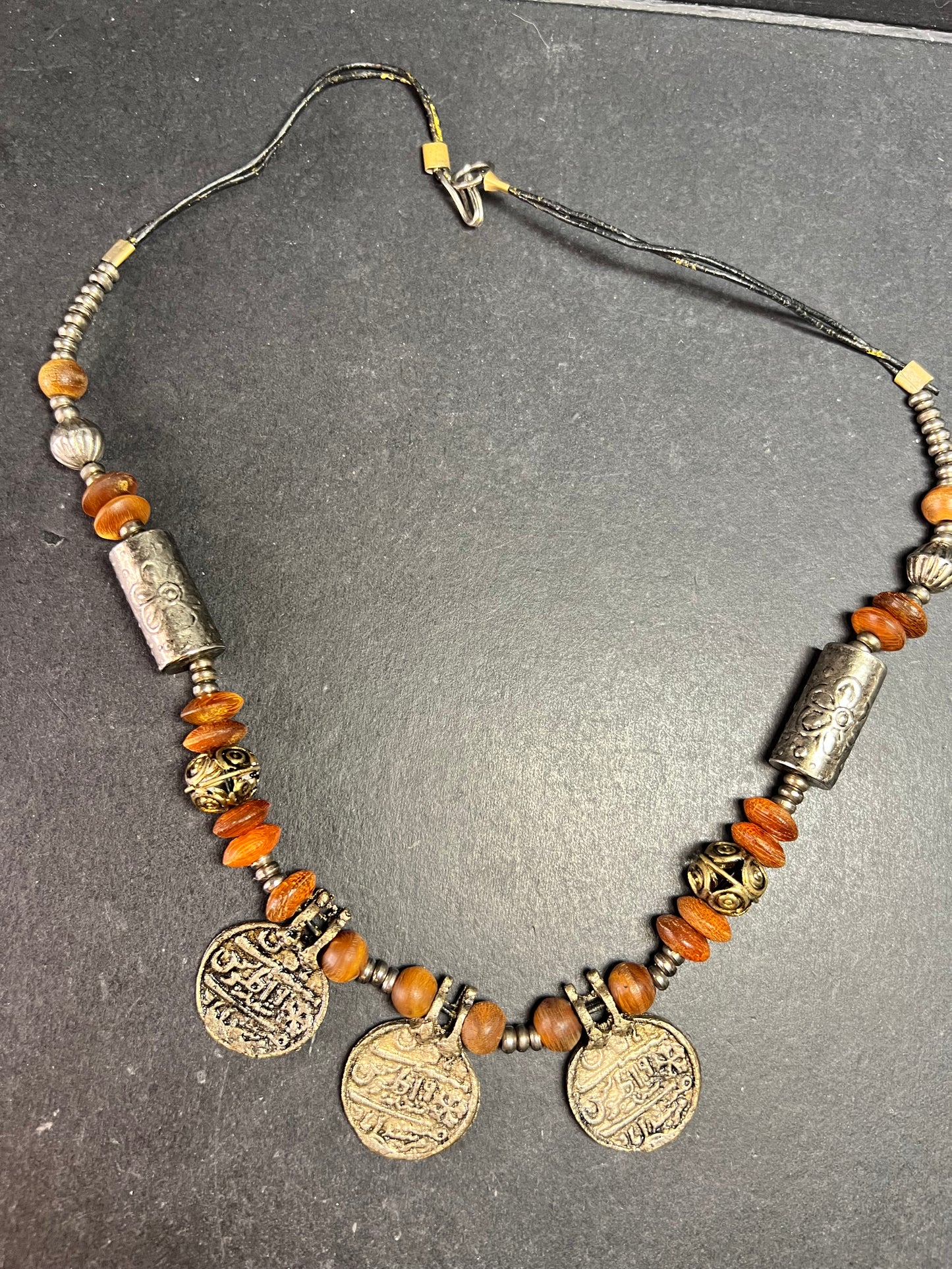 Vintage Berber Amber Resin Coin Necklace Tribal North African Style