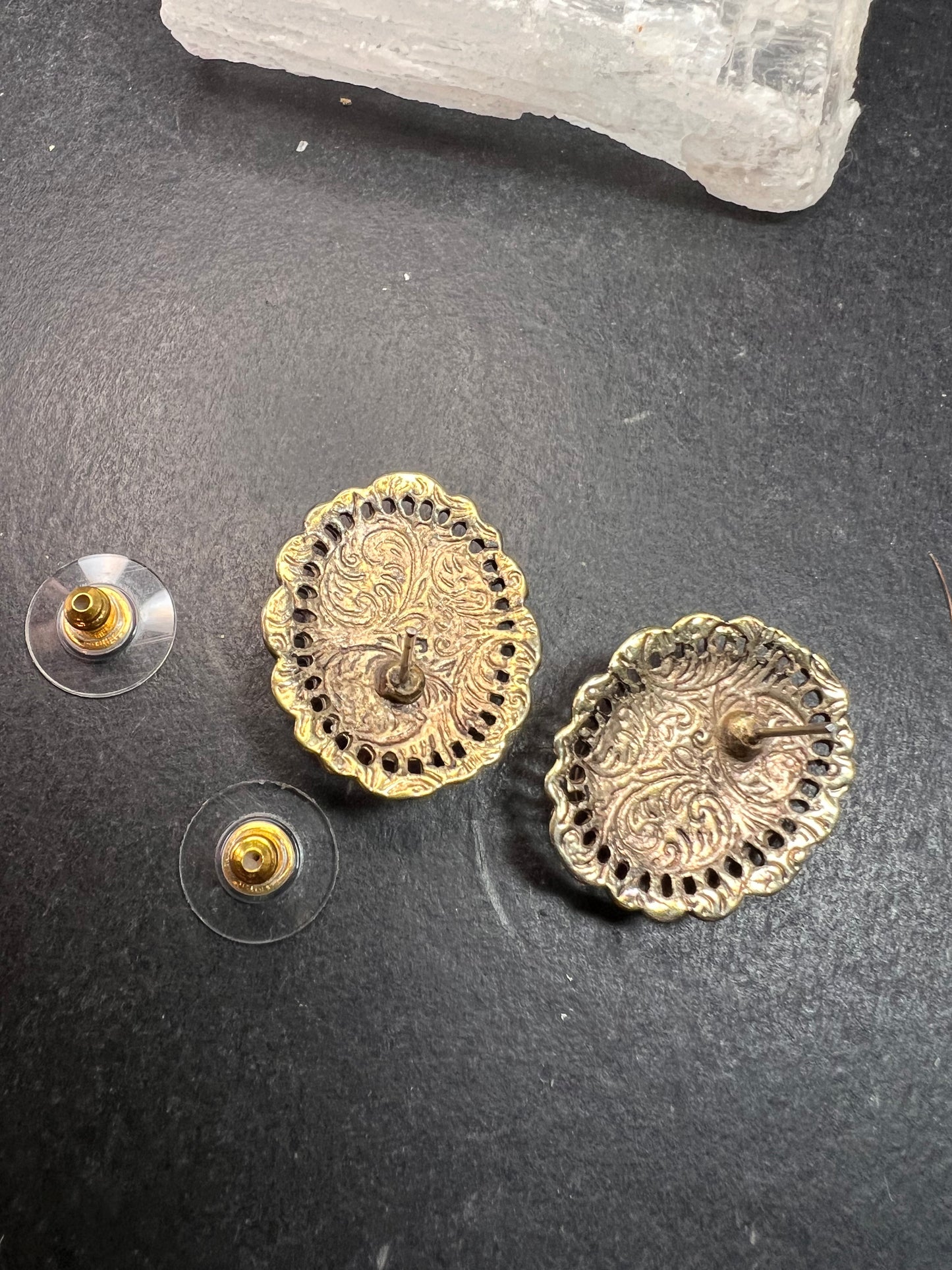 Vintage Carved Shell Cameo Stud Earrings Gold Tone Victorian Revival