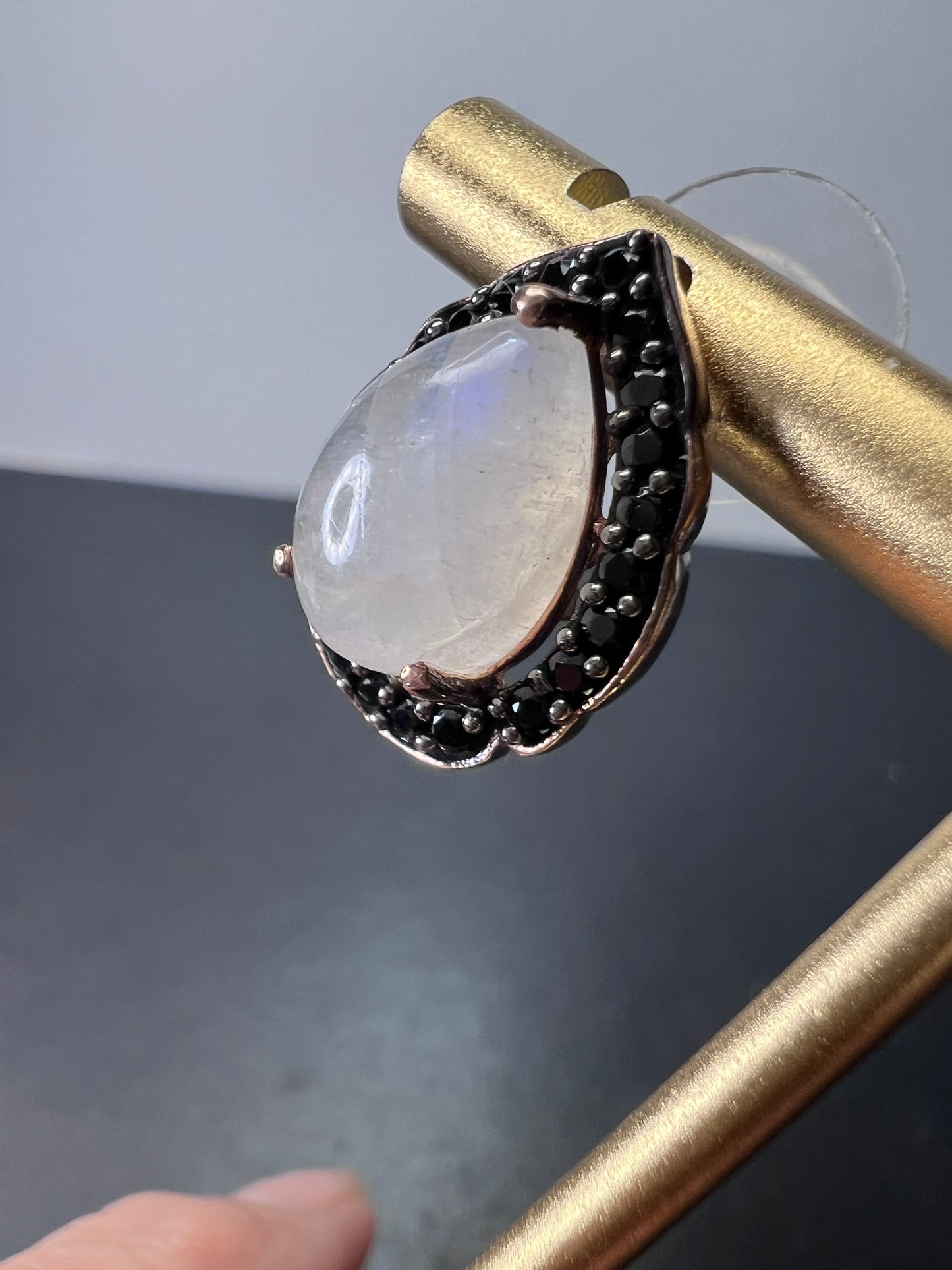 Rainbow moonstone and black spinel tear drop stud halo earrings in rose gold over sterling silver