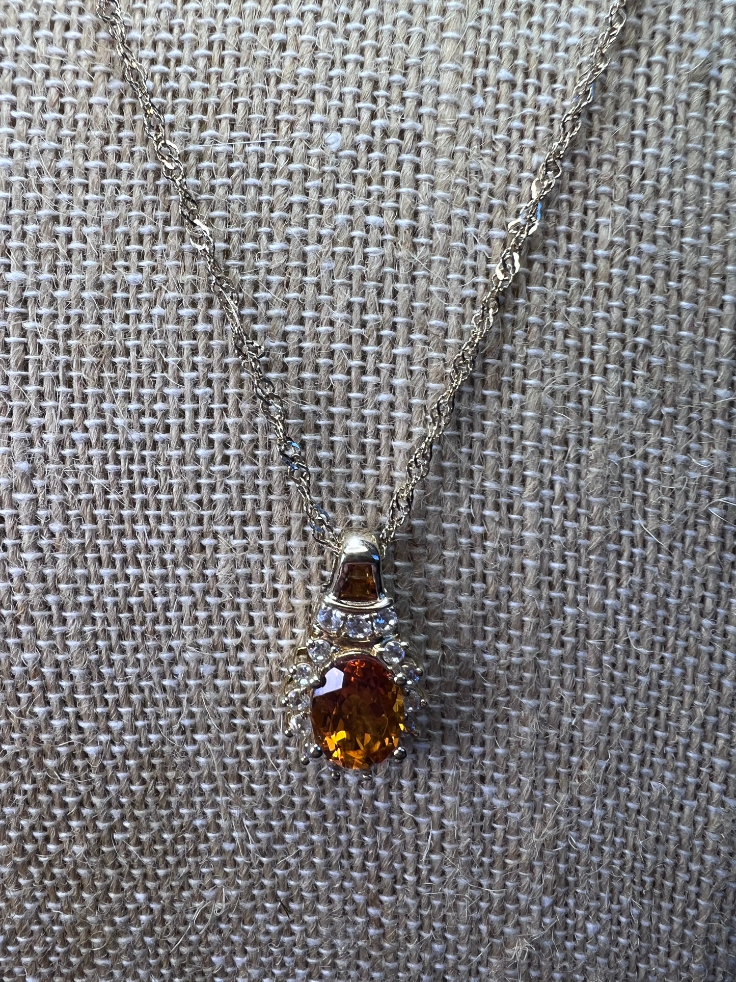 Mandarin citrine and white topaz halo pendant necklace in 14k gold over sterling silver