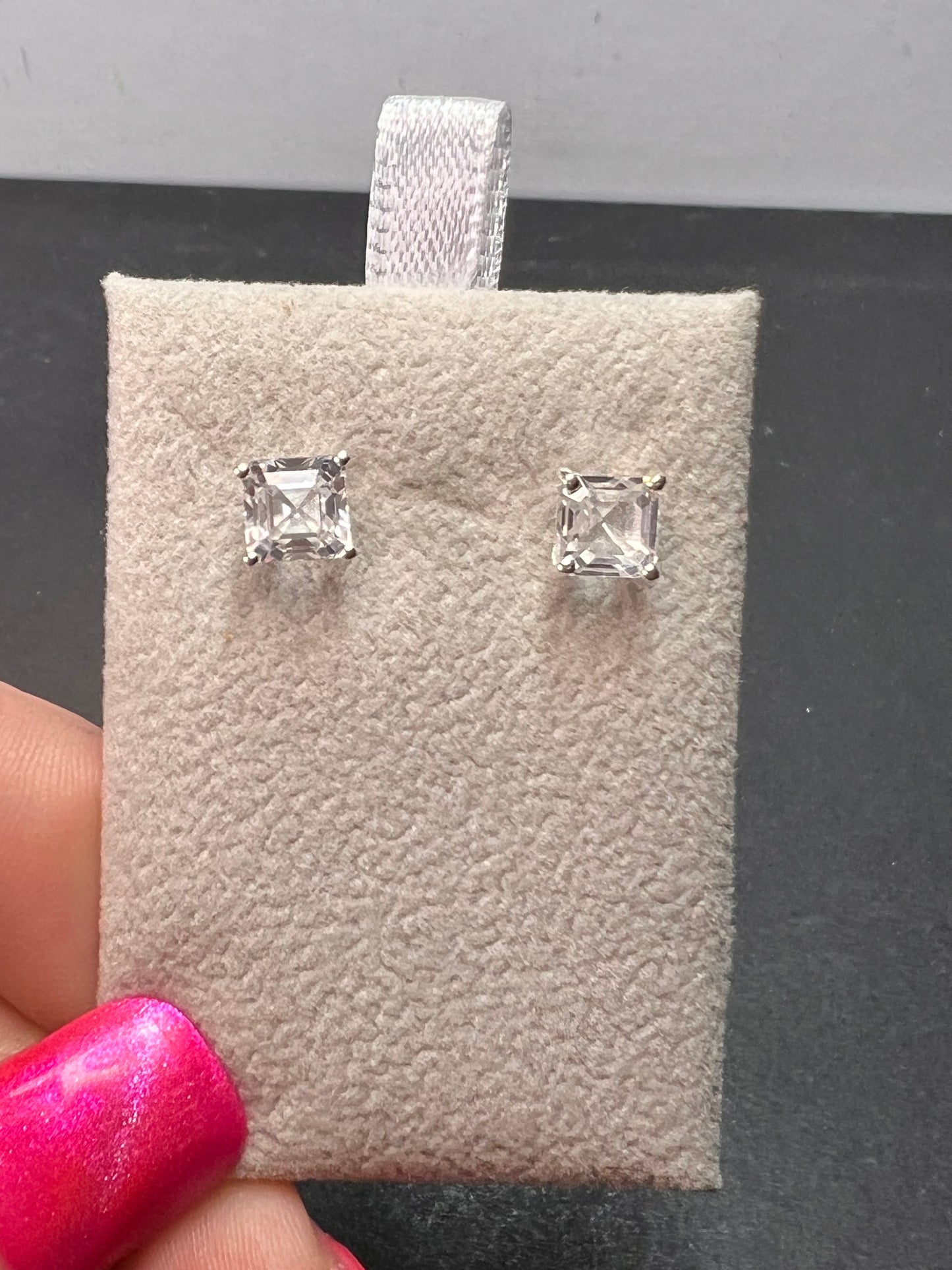 Lab white sapphire asscher cut solitaire stud earrings in sterling silver *NEW*