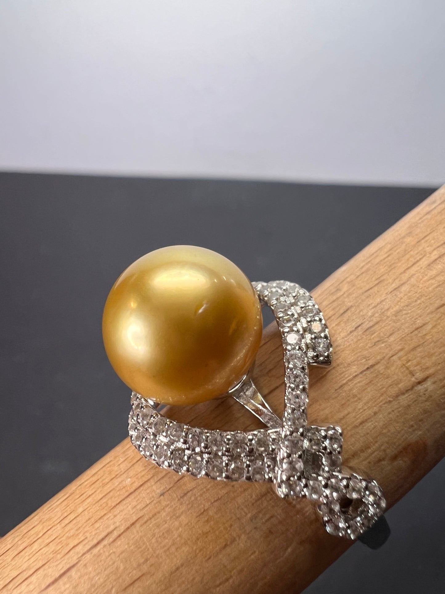 AAA1 Natural Color Deep Gold 11mm Golden South Sea Cultured Pearl and Zircon ring in rhodium over Sterling silver size 9