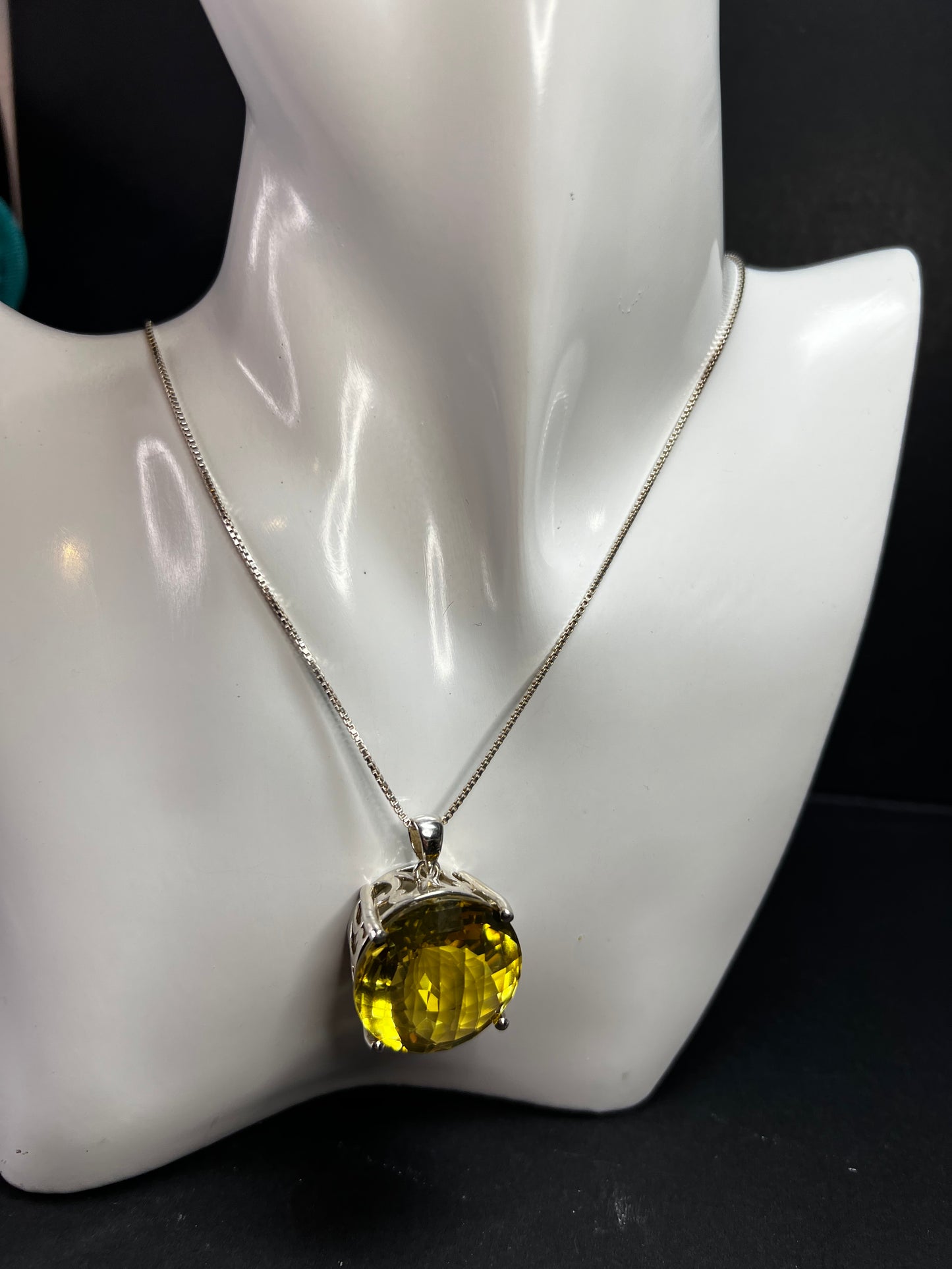 Huge Lemon Quartz Sterling Silver Statement Pendant Necklace 18” Chain