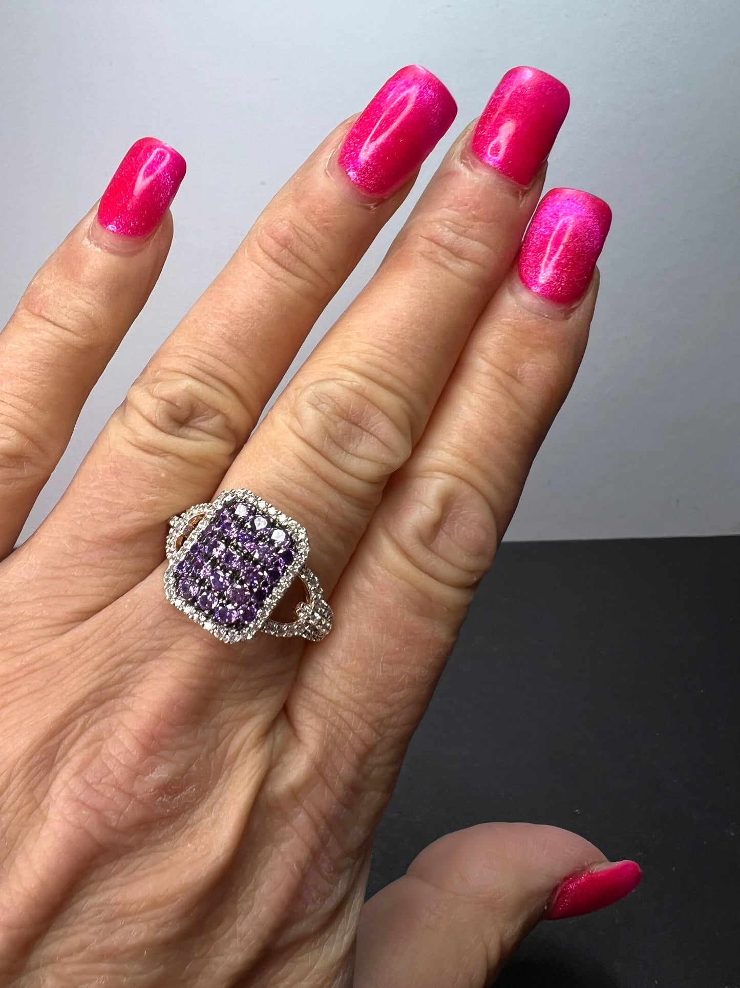 Bella Luce purple and white CZ rose gold over sterling silver cocktail ring size 9