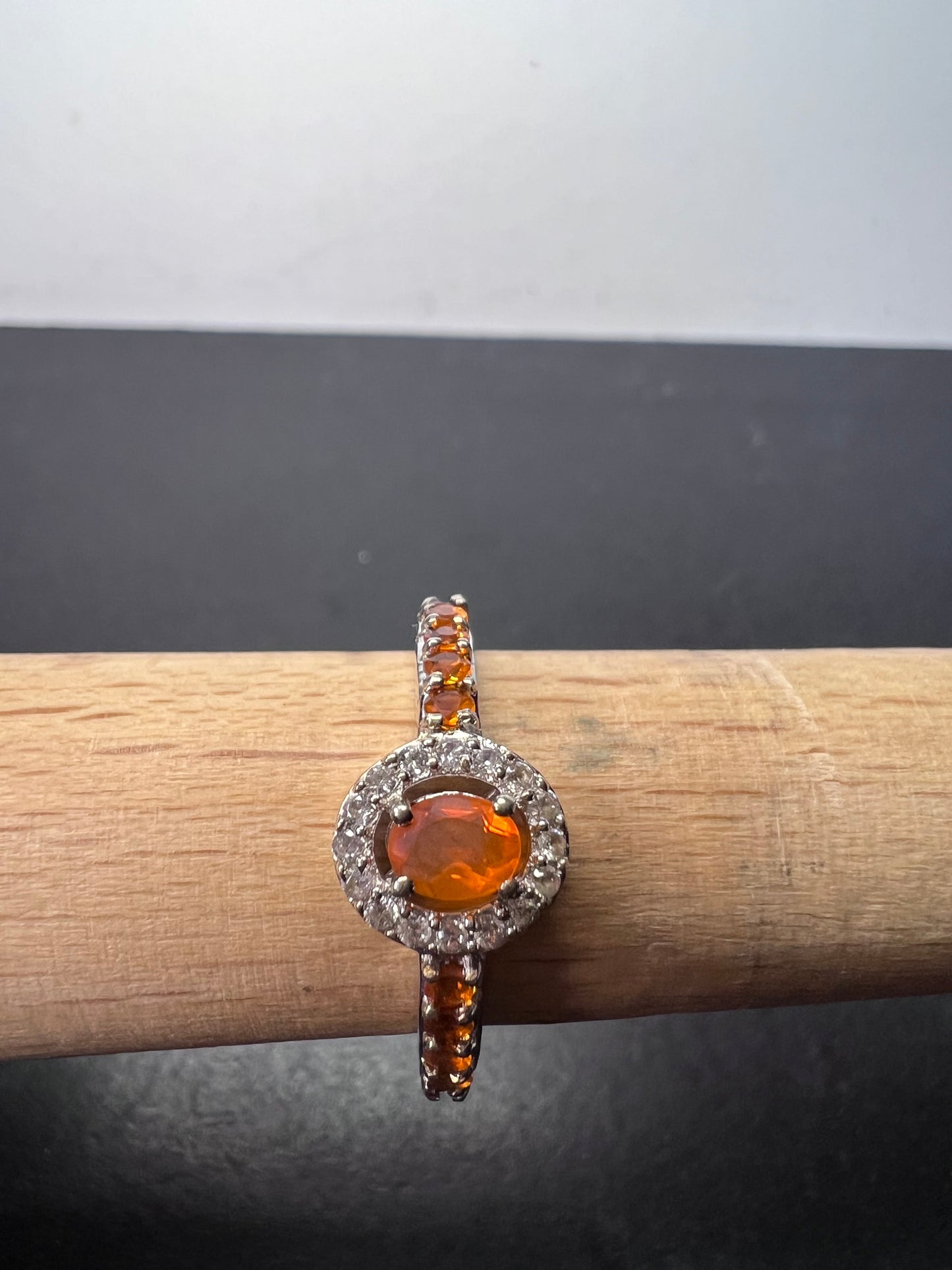 Mexican fire opal halo ring in sterling silver size 9