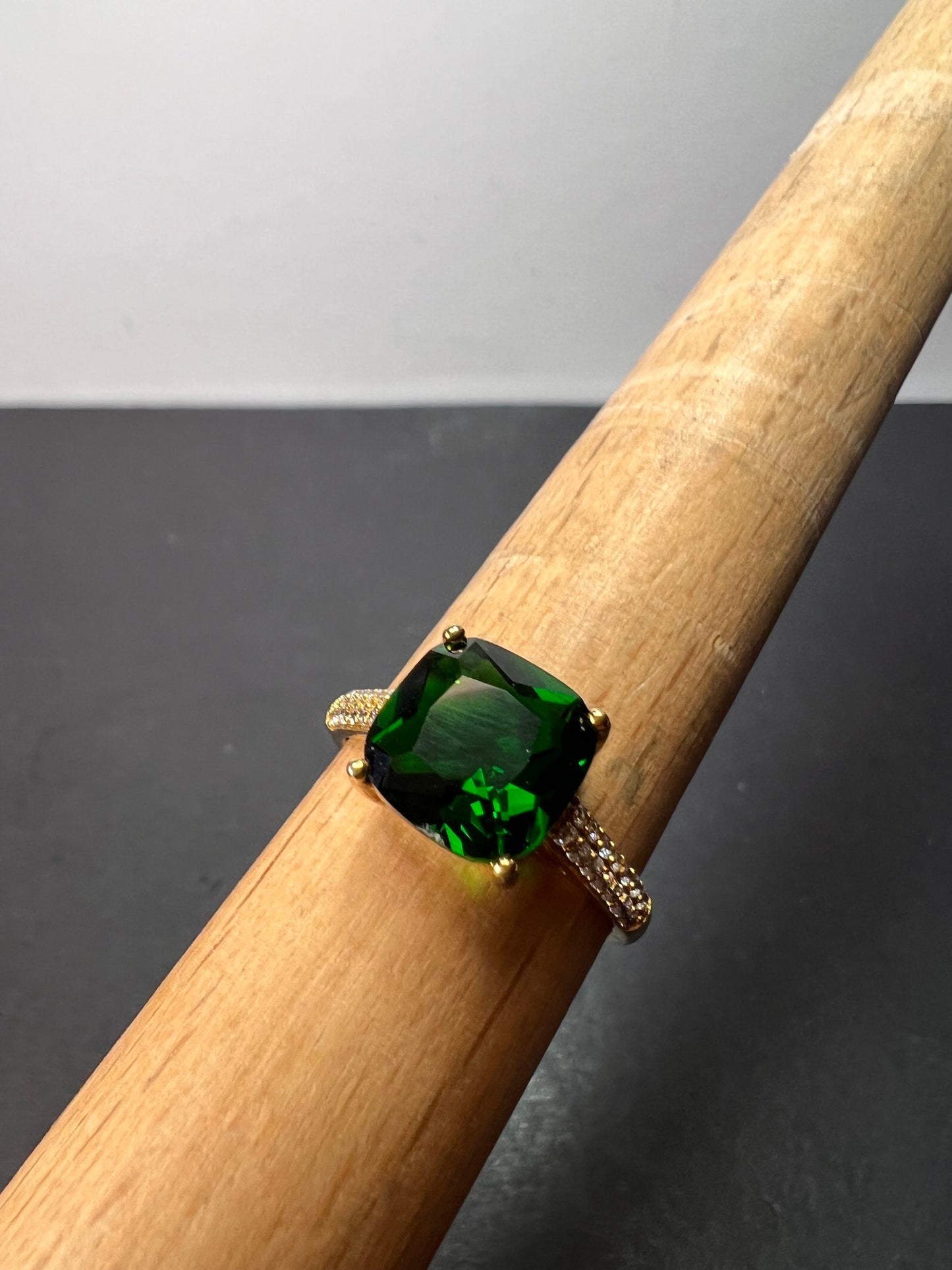 Green cushion cut CZ ring in gold over sterling silver size 9