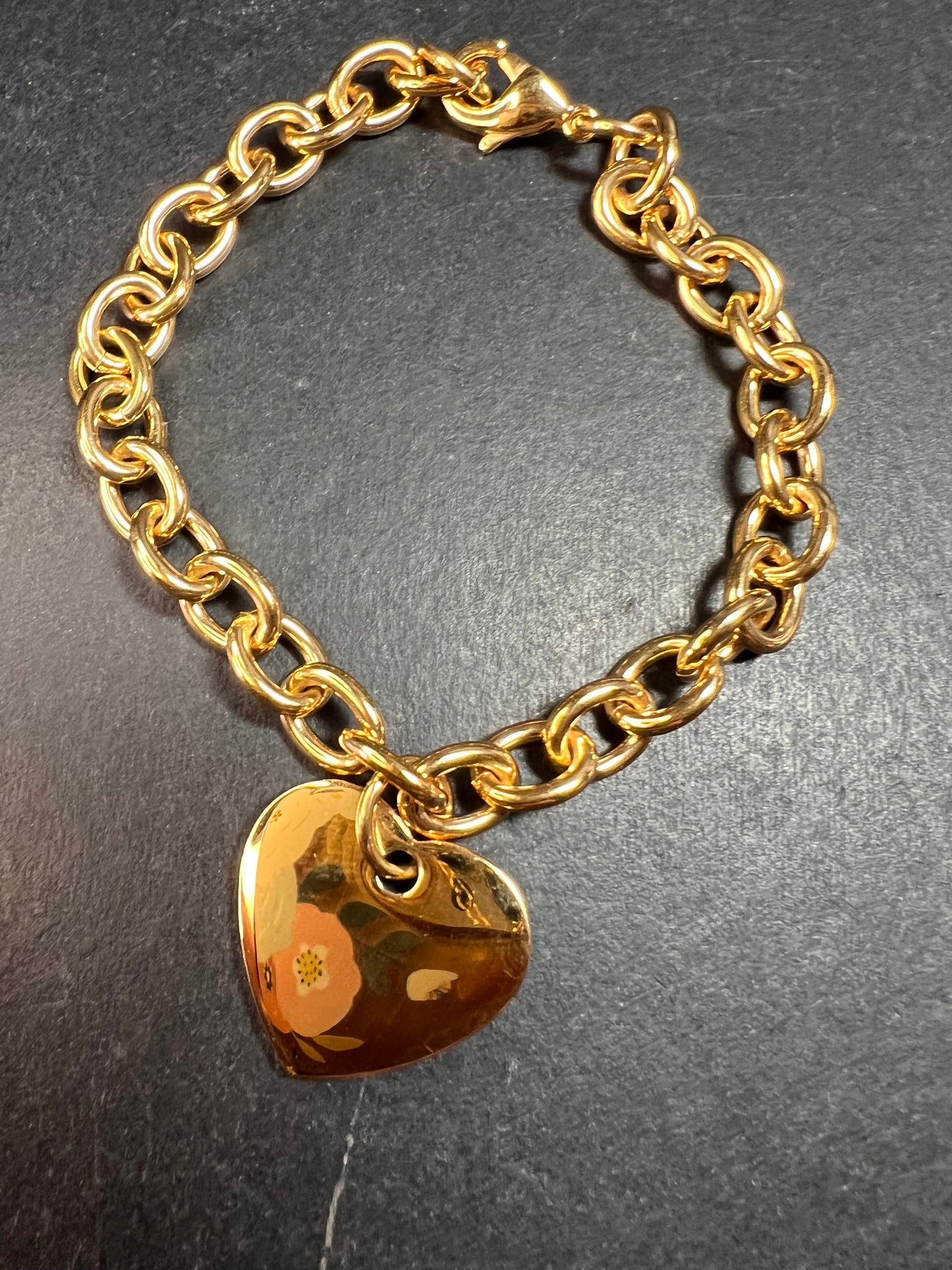 EDFORCE Gold Tone Stainless Steel Chunky Link Heart Charm Bracelet 7.5" NWOT