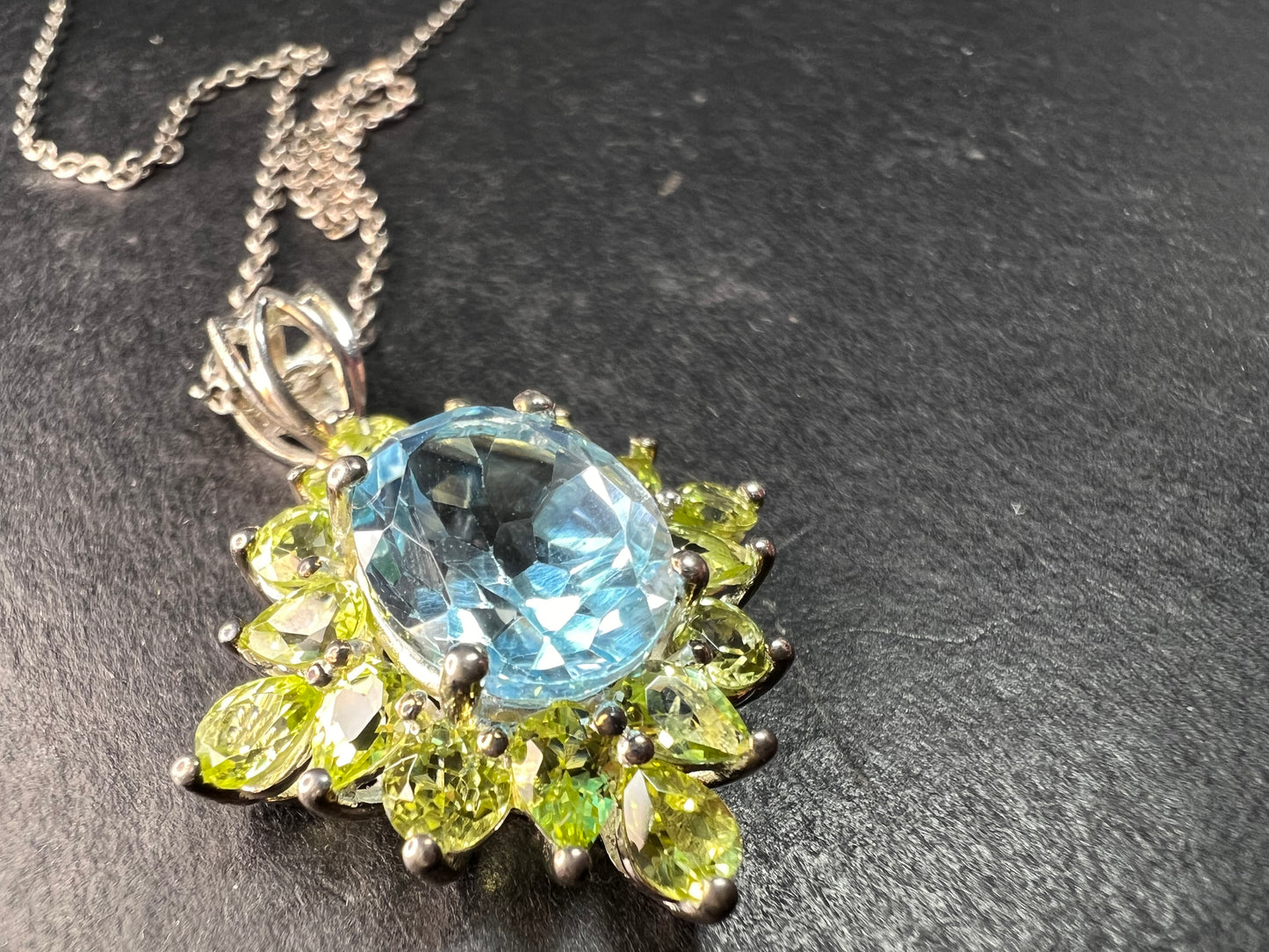 Vintage Blue Topaz & Peridot Sunburst Pendant Necklace – HT Sterling Silver