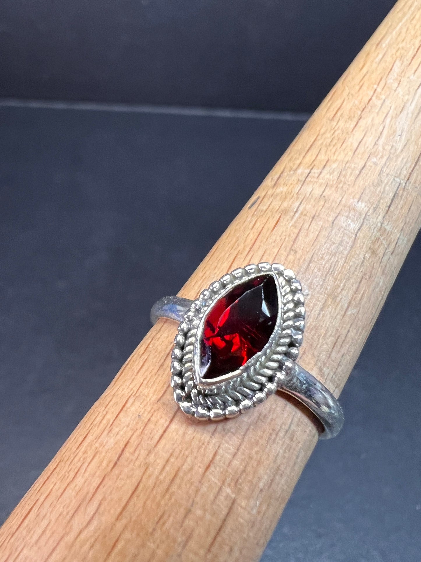 Red garnet marquise gemstone sterling silver ring size 8
