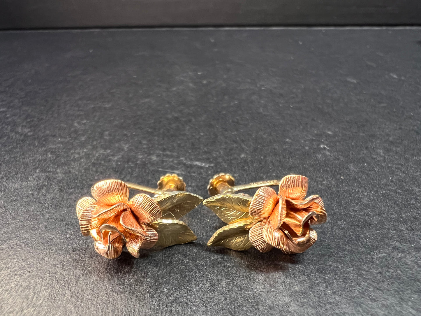 Vintage Krementz Rose and yellow gold tone Flower Leaf Screw Back Earrings