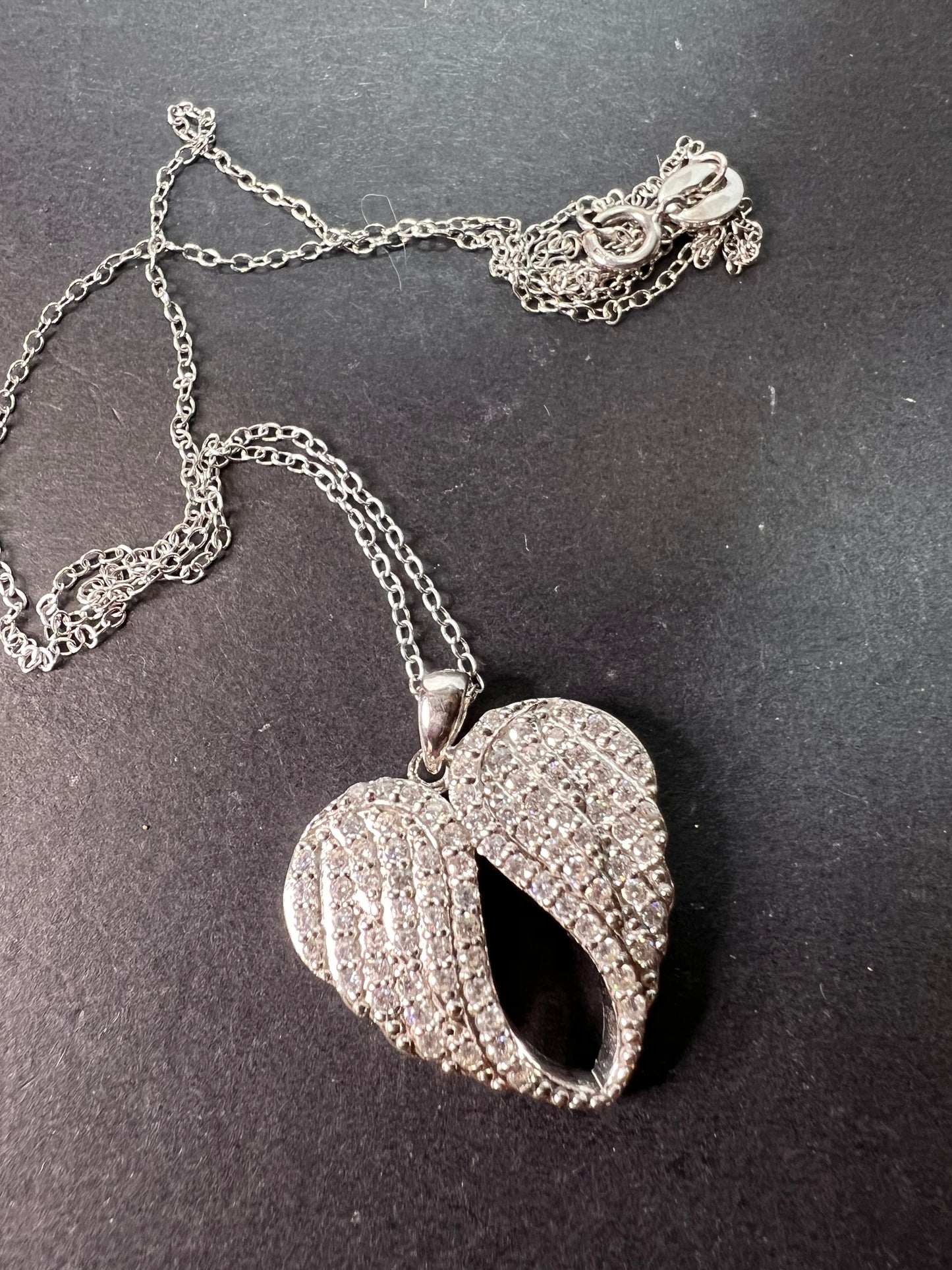 Angel wings CZ heart pendant and chain sterling silver necklace