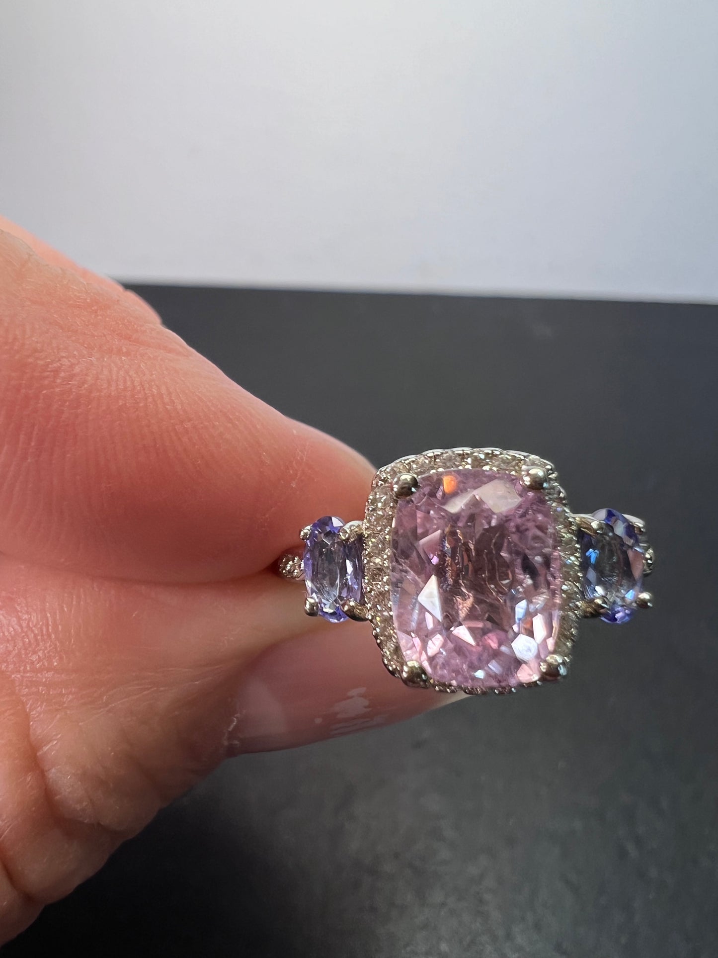 Kunzite, tanzanite and zircon halo ring size 9